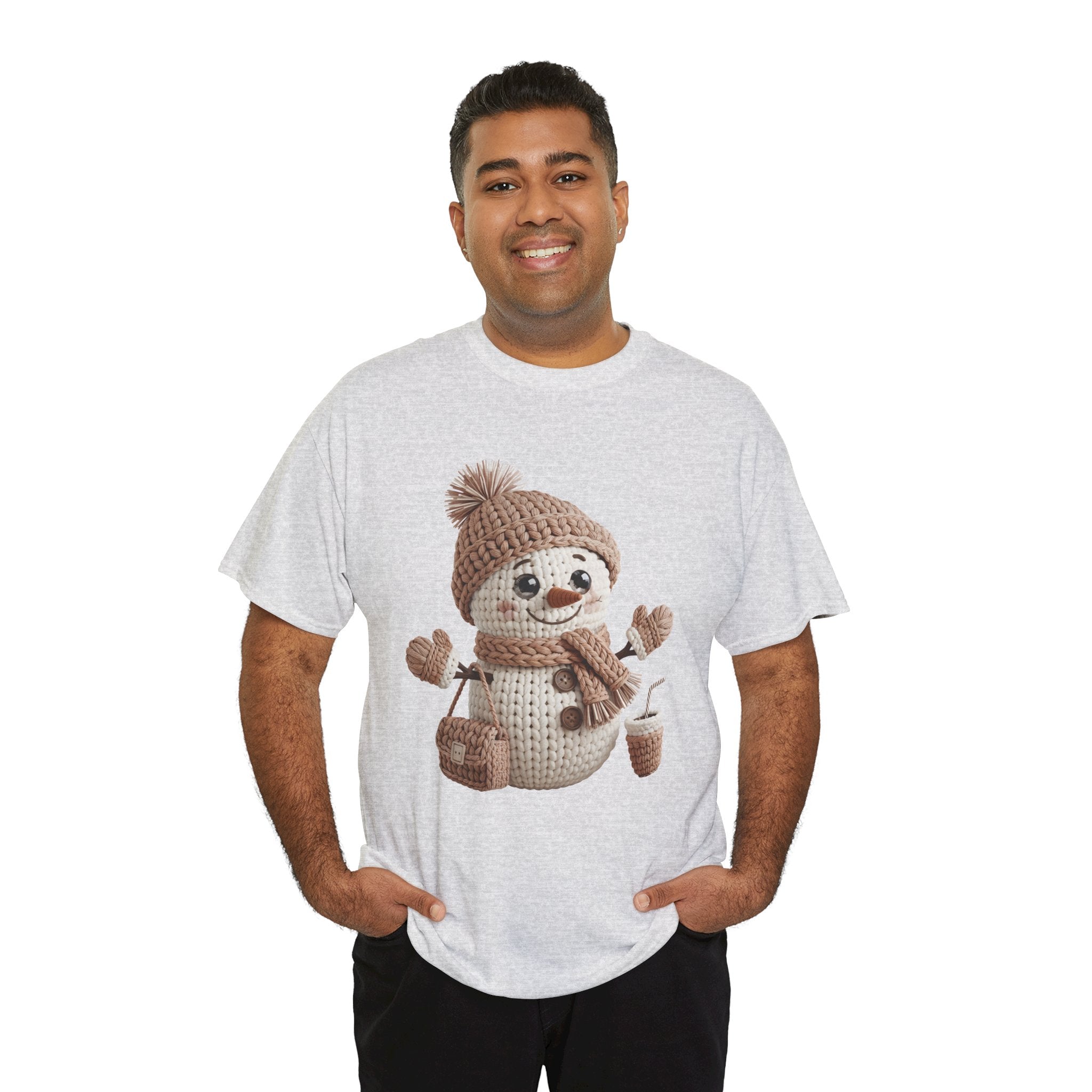 Snowman Knit‑Style Graphic Tee — Cute Faux‑Yarn Snowman with Hat, Scarf & Mittens.Unisex Cotton Tee
