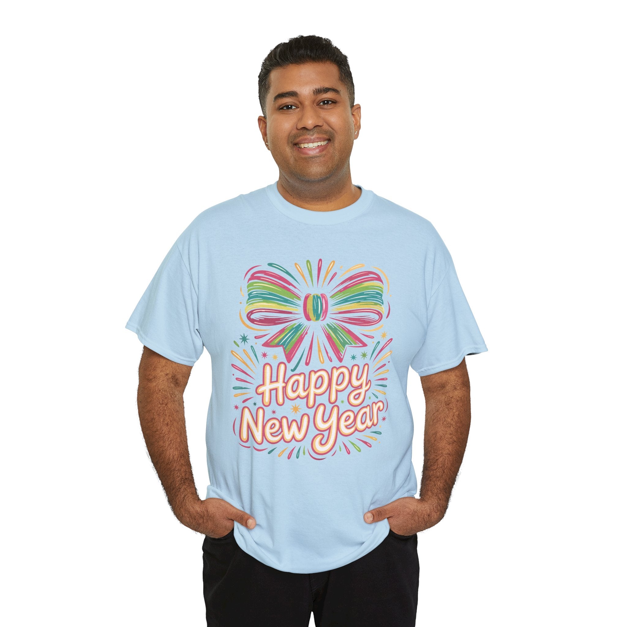 Happy New Year Pastel Tee — Rainbow Bow & Fireworks Celebration Unisex Cotton Tshirt