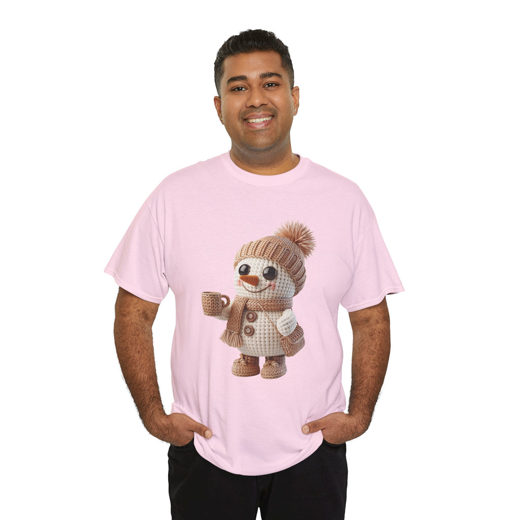 Cozy Snowman Tee — Smiling Snowman with Mug, Scarf & Beanie. Unisex Cotton Tee