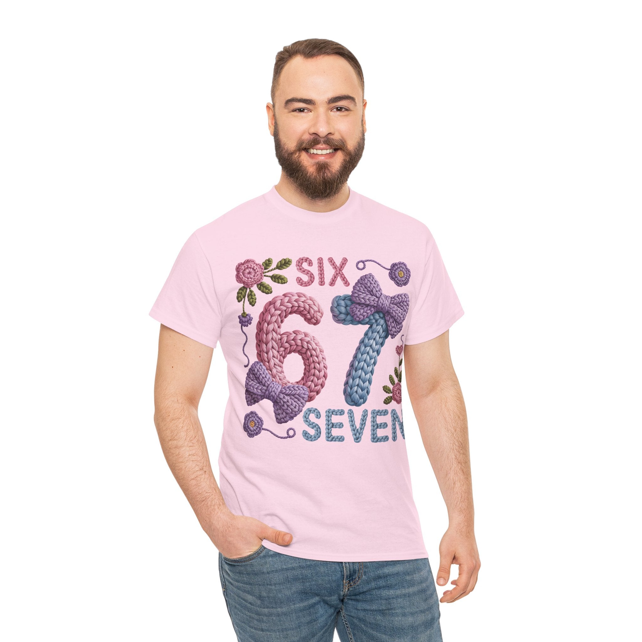 Pastel Crochet Numbers 6 & 7 Tee — Faux-Yarn Bows & Flowers. Unisex Cotton Tee