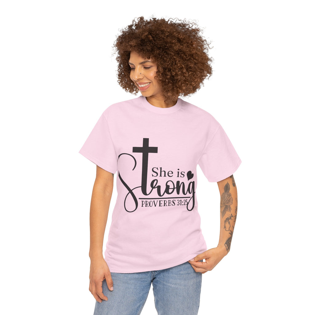 Proverbs 31:25 'She is Strong' T-Shirt – Christian Cross & Heart Unisex Cotton Tee