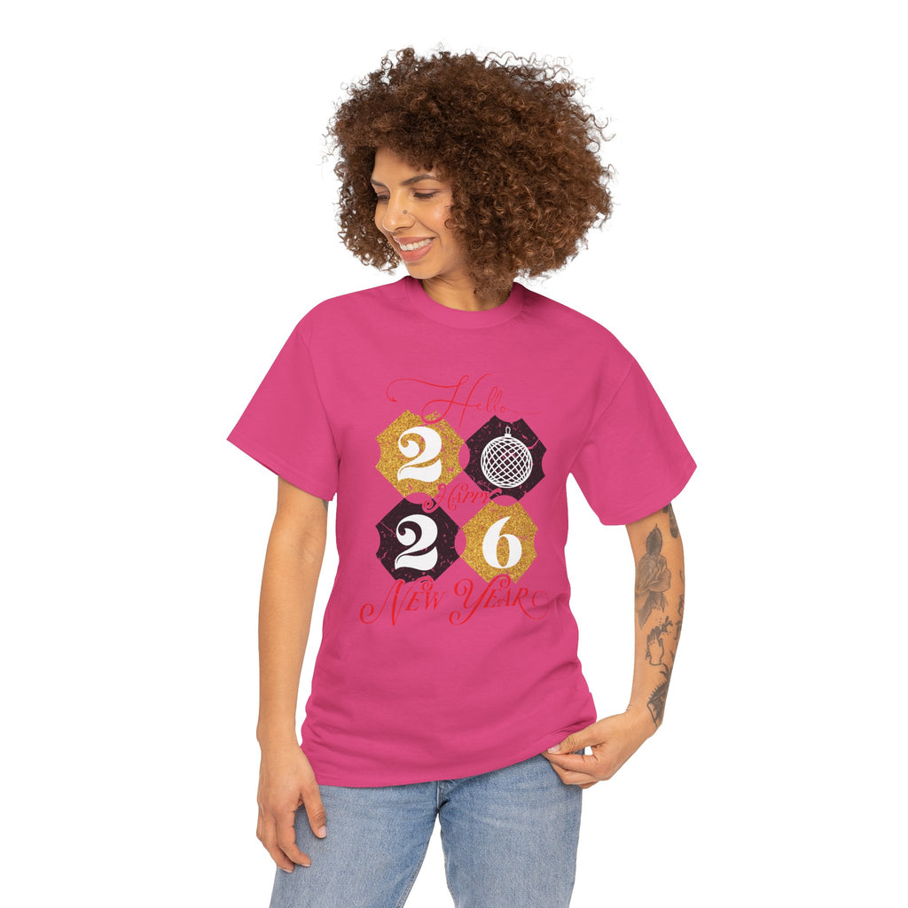 2026 Happy New Year Pink Varsity Tee — Fireworks Party Graphic.Unisex Cotton Tee