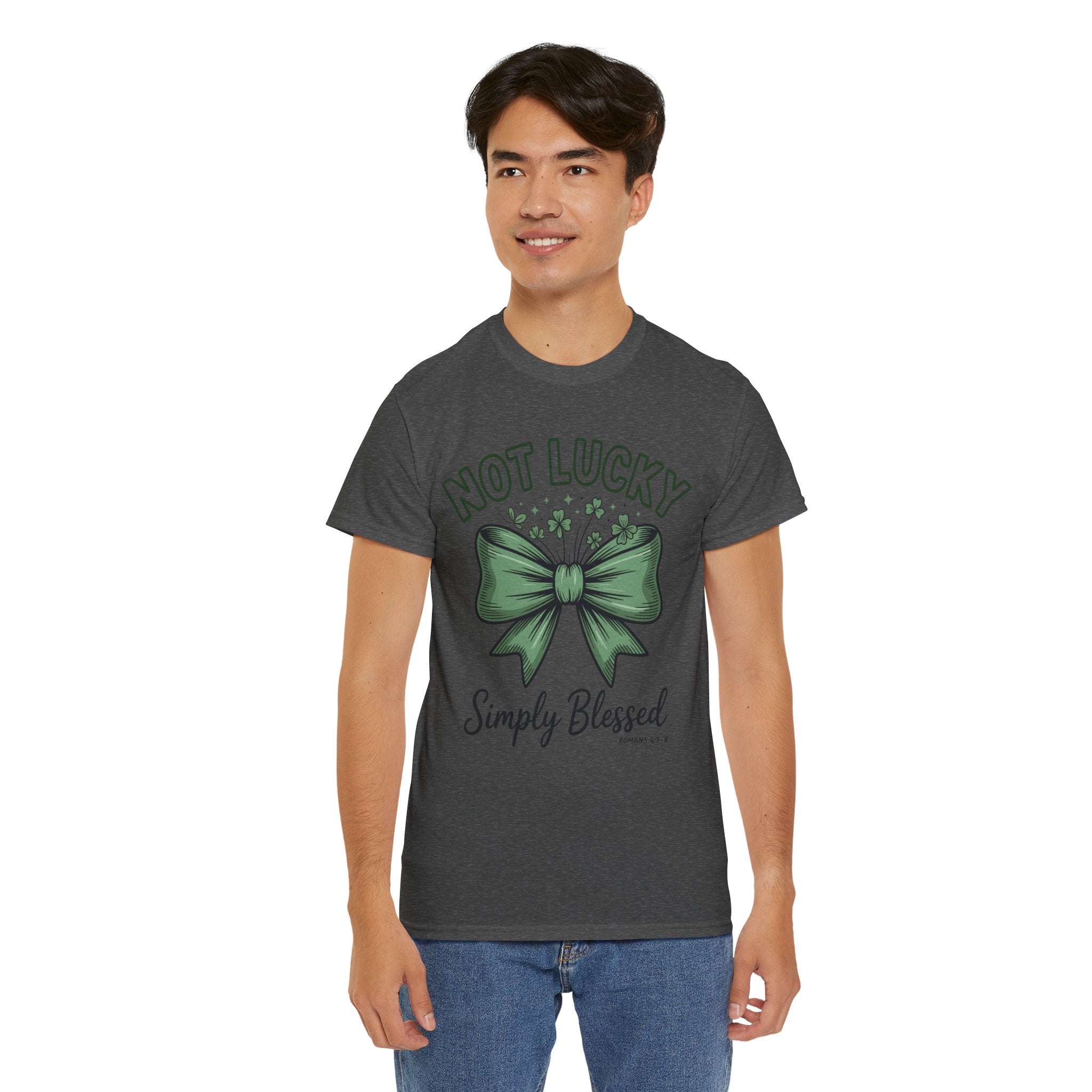 Not Lucky, Simply Blessed T-Shirt — Green Bow & Clovers St. Patrick’s Unisex Cotton Tee