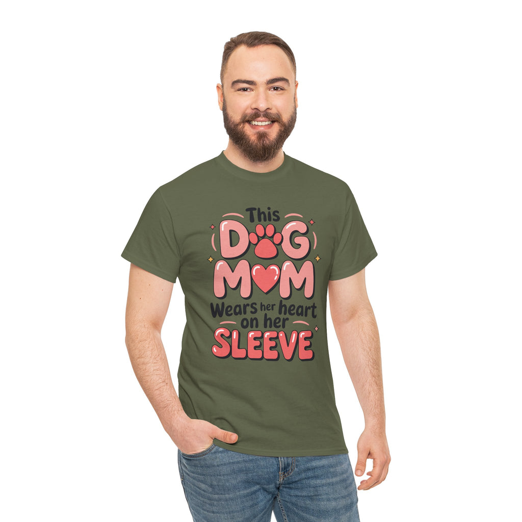 Dog Mom T-Shirt — "This Dog Mom Wears Her Heart on Her Sleeve" Paw & Heart Unisex Cotton Tee