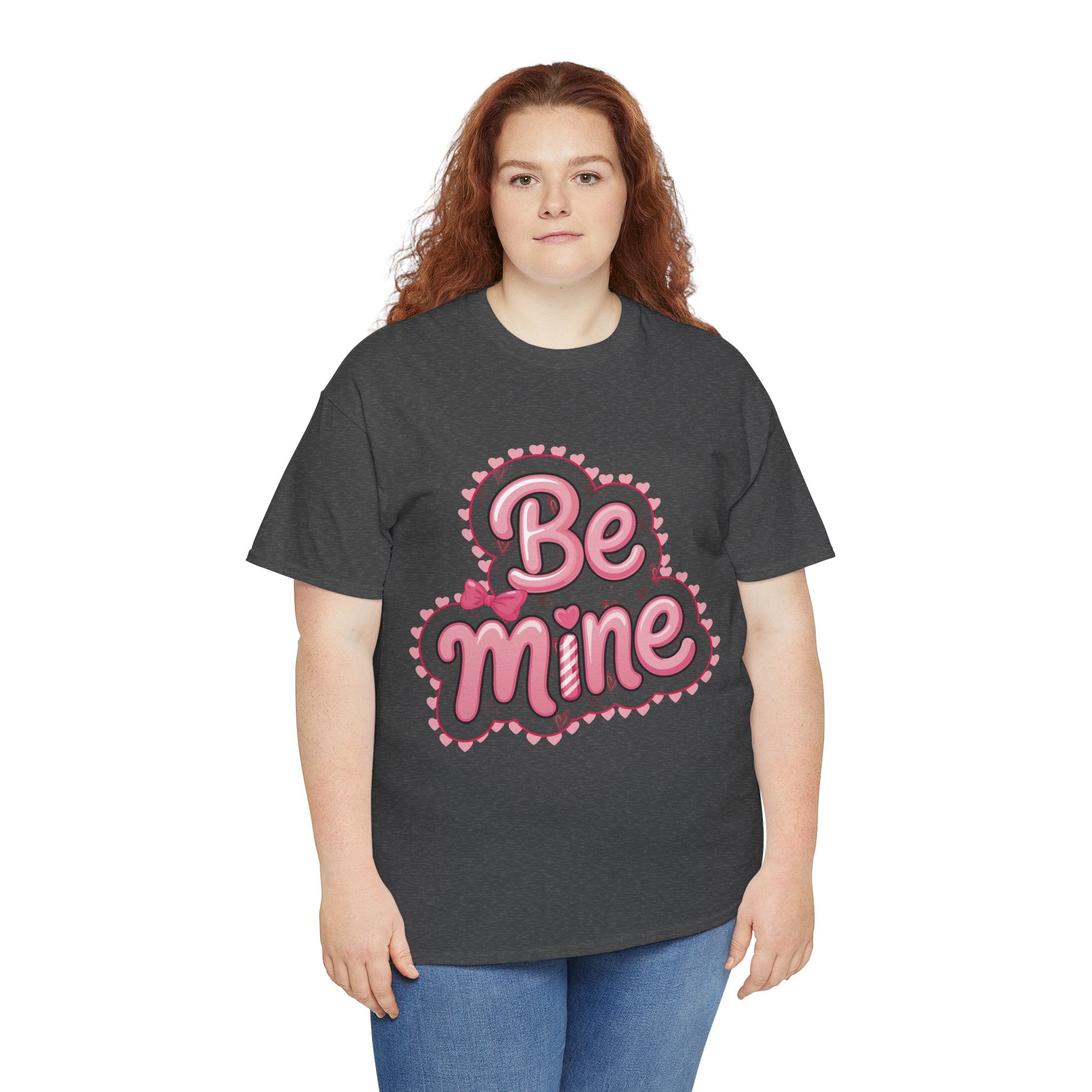 Be Mine Valentine T-Shirt — Pink Bubble Letters with Hearts & Bow..Unisex Cotton Tee