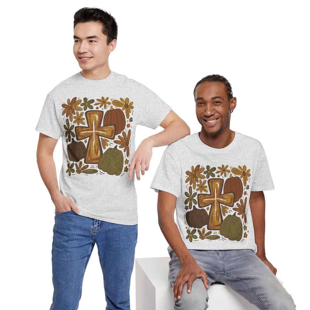 Autumn Cross Tee — Rustic Pumpkin & Fall Floral Christian Unisaex Cotton T-Shirt