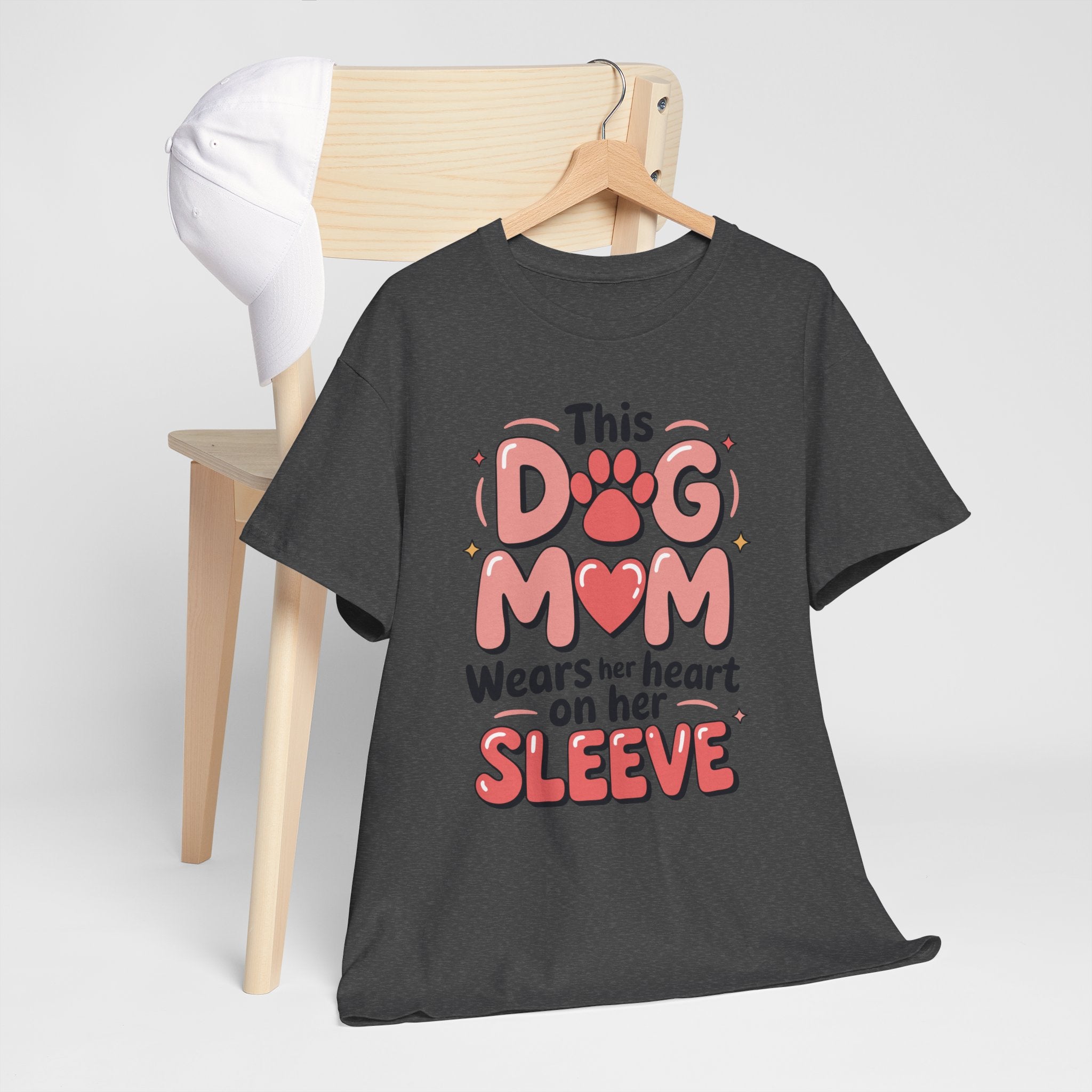 Dog Mom T-Shirt — "This Dog Mom Wears Her Heart on Her Sleeve" Paw & Heart Unisex Cotton Tee