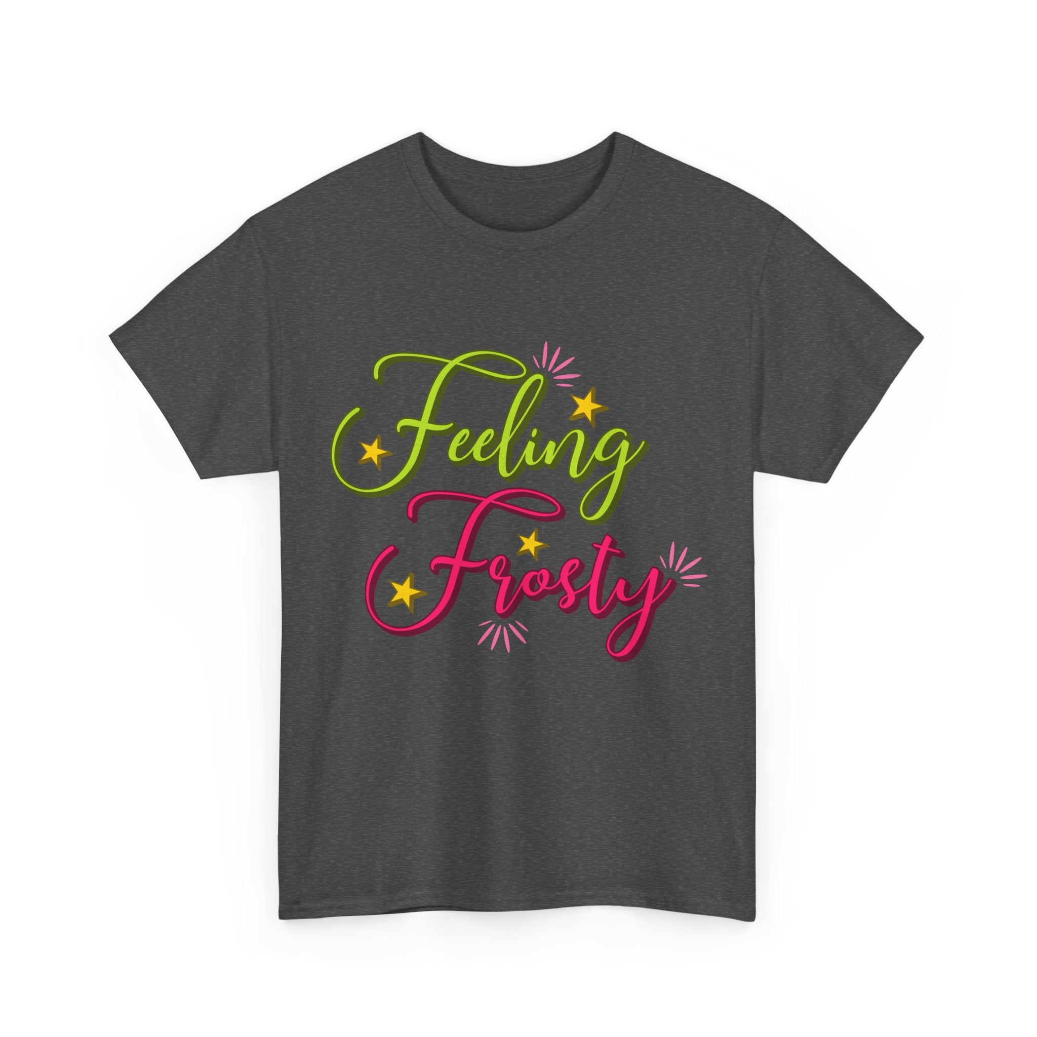 Feeling Frosty Holiday T-Shirt — Green & Pink Script Stars.Unisex Cotton Tee