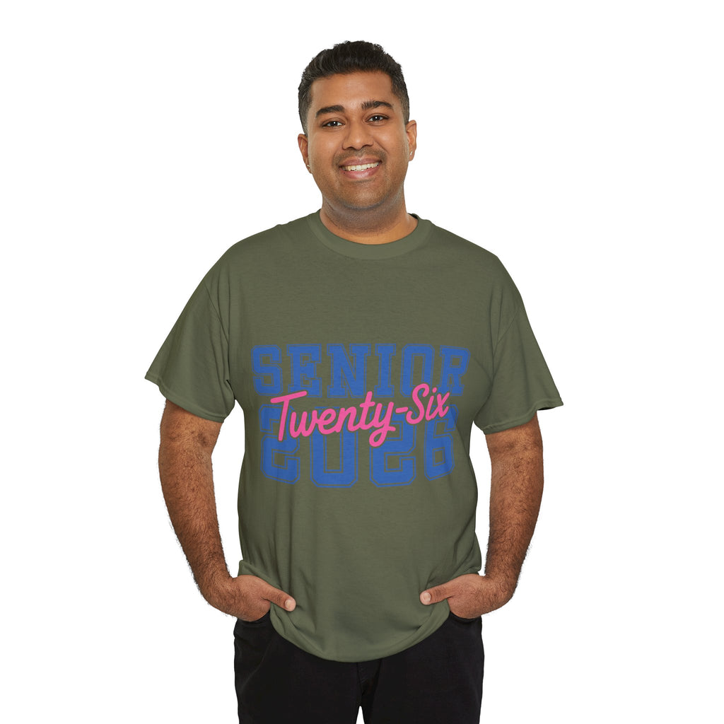 Senior 2026 Tee — Pink Varsity Block with Blue Script Overlay Unisex Cotton Tee