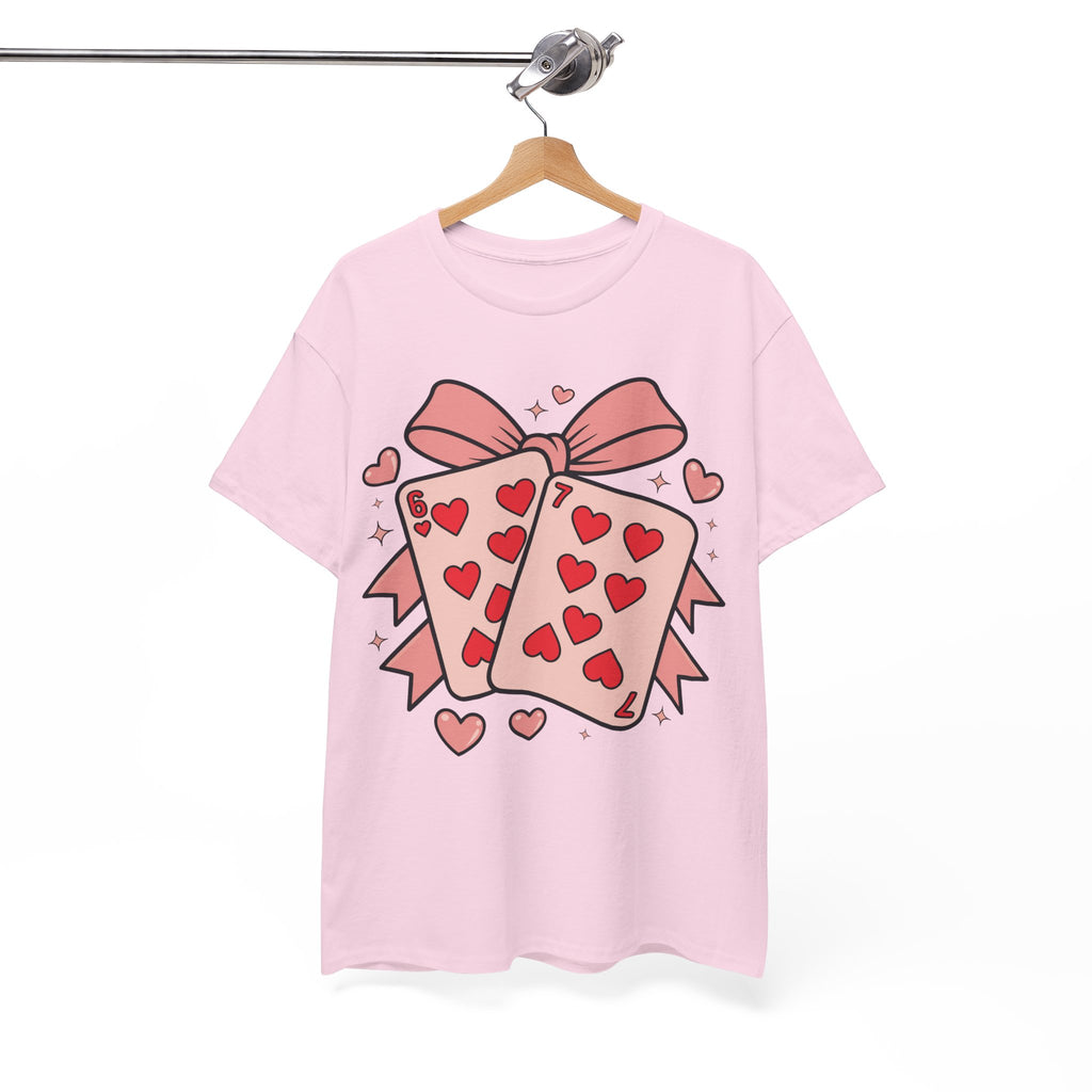 6 & 7 of Hearts T-Shirt — Paired Playing Cards with Pink Bow Unisex Cotton Tee