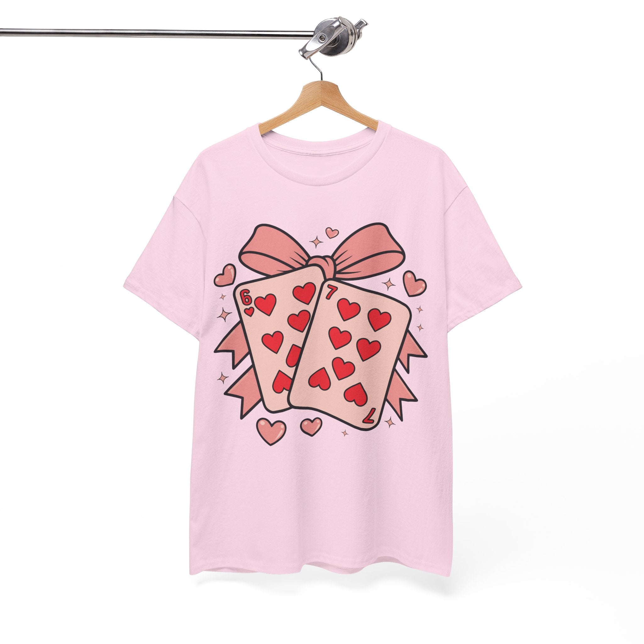 6 & 7 of Hearts T-Shirt — Paired Playing Cards with Pink Bow Unisex Cotton Tee