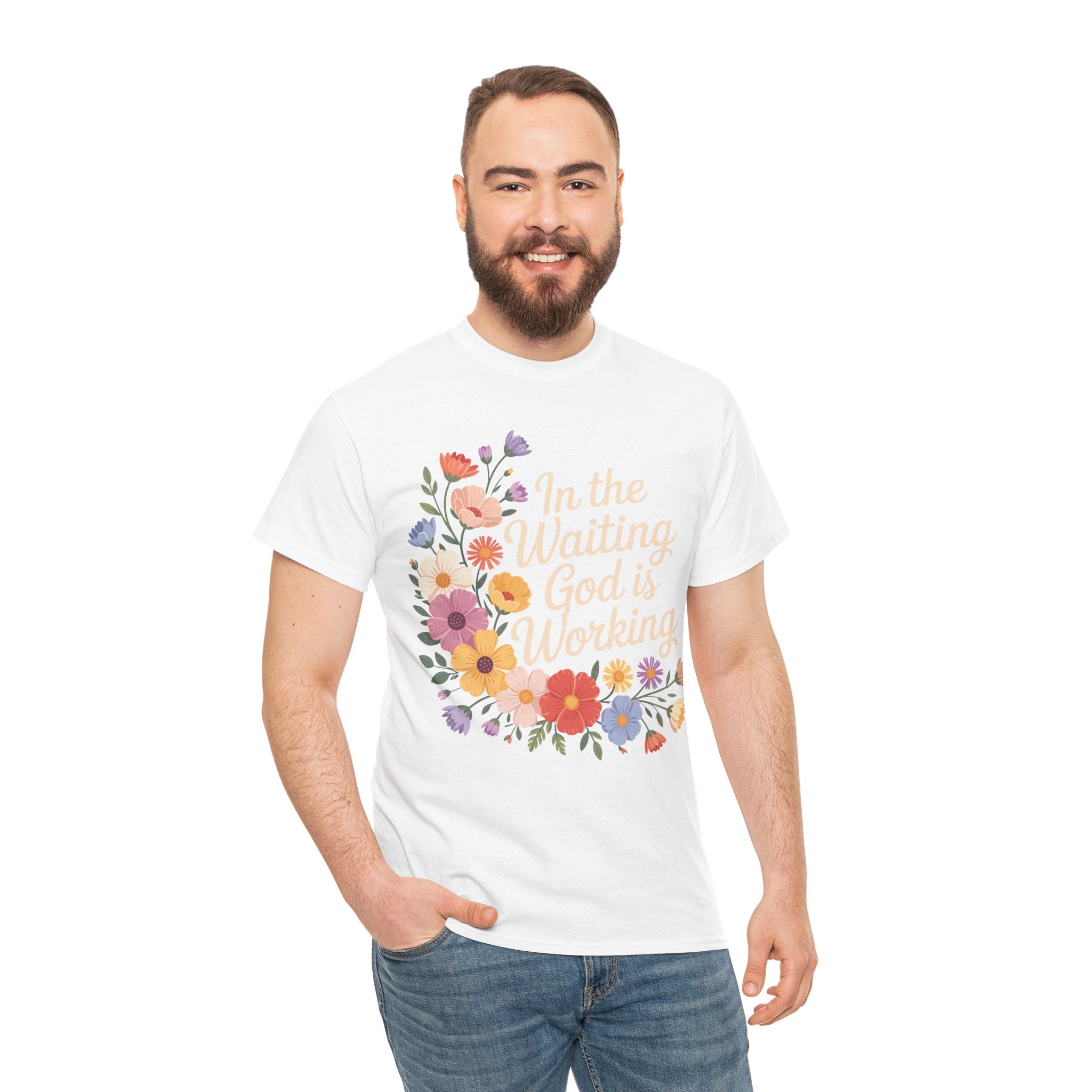 Pastel Floral “In the Waiting God Is Working” Unisex Cotton T-Shirt