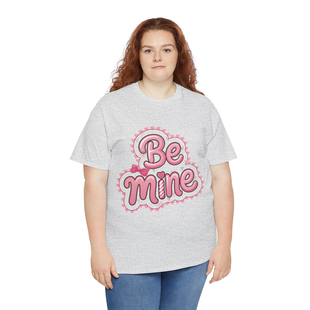 Be Mine Valentine T-Shirt — Pink Bubble Letters with Hearts & Bow..Unisex Cotton Tee
