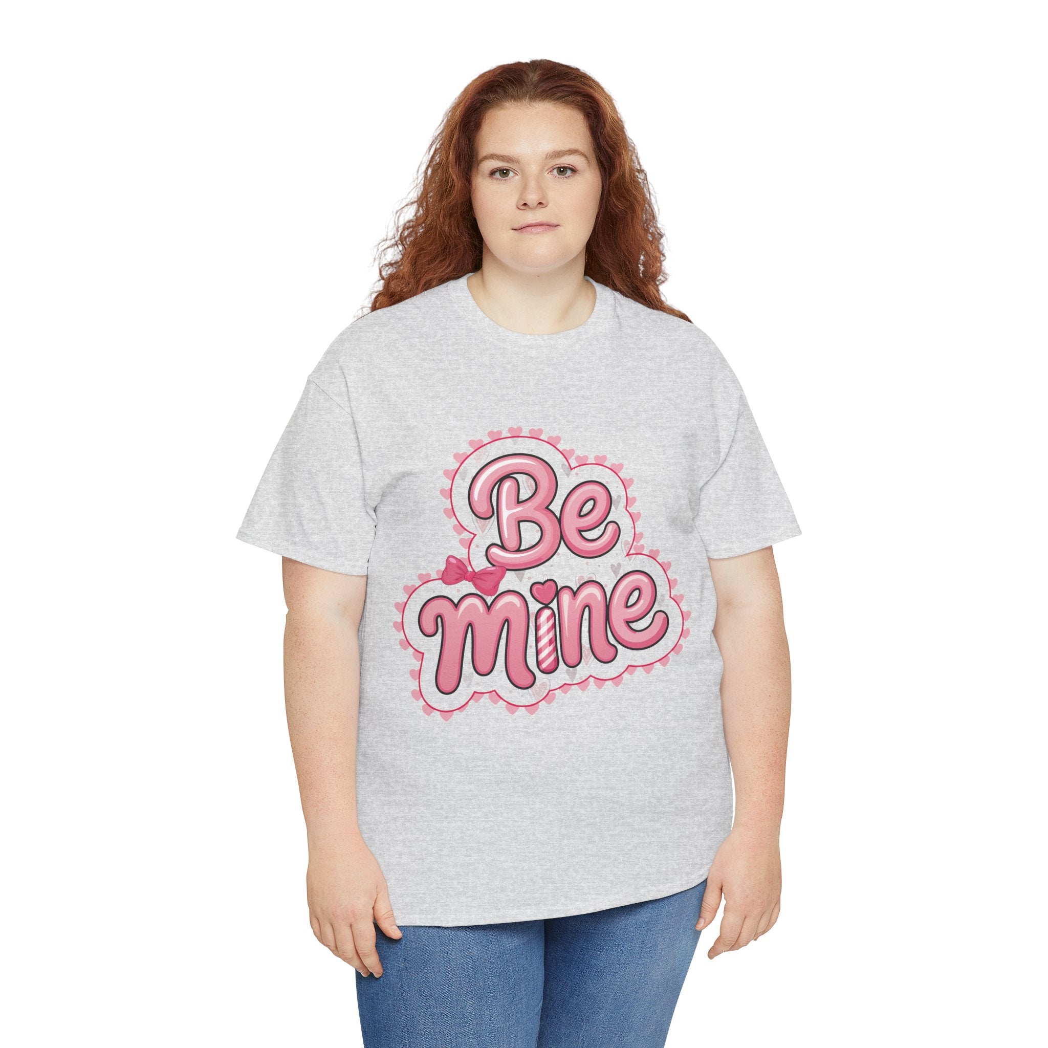 Be Mine Valentine T-Shirt — Pink Bubble Letters with Hearts & Bow..Unisex Cotton Tee