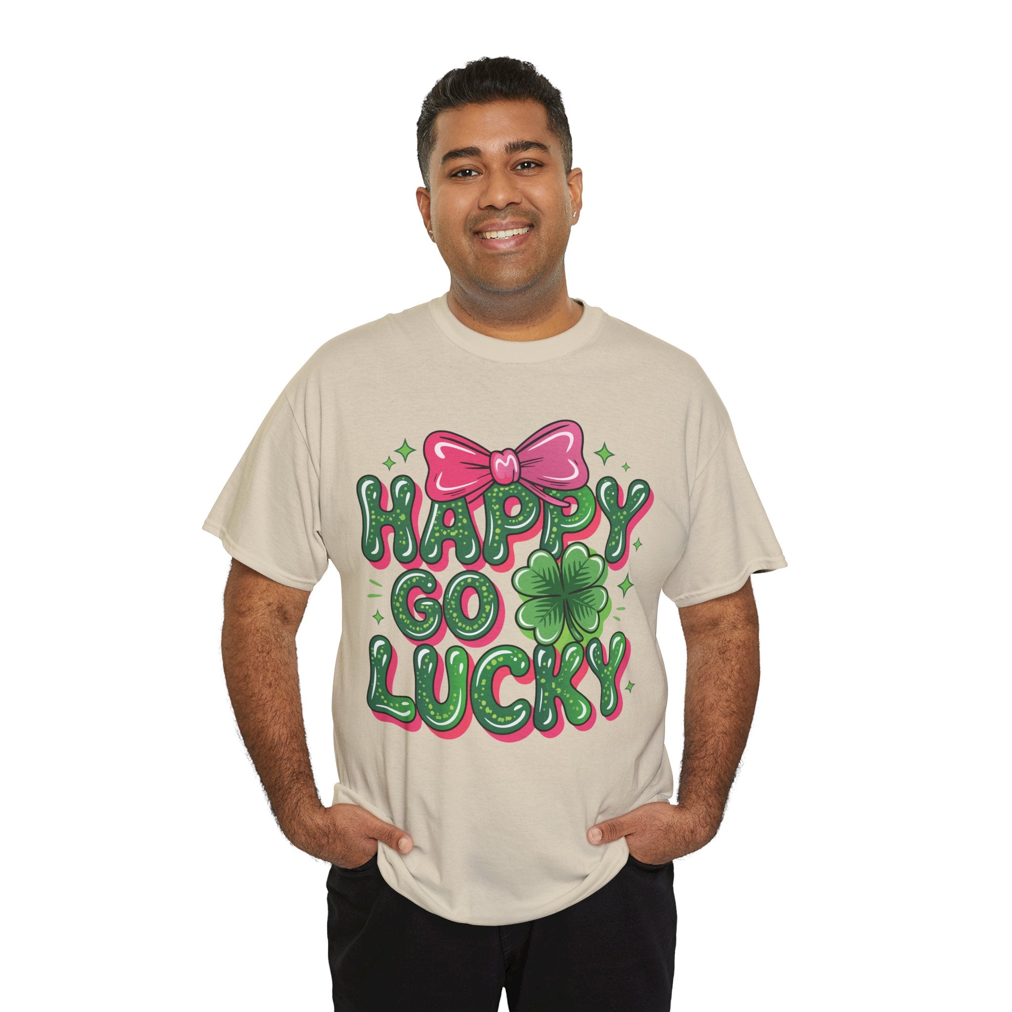 Happy Go Lucky Four-Leaf Clover Tee — Glossy Green Letters & Pink Bow Unisex Cotton Tee