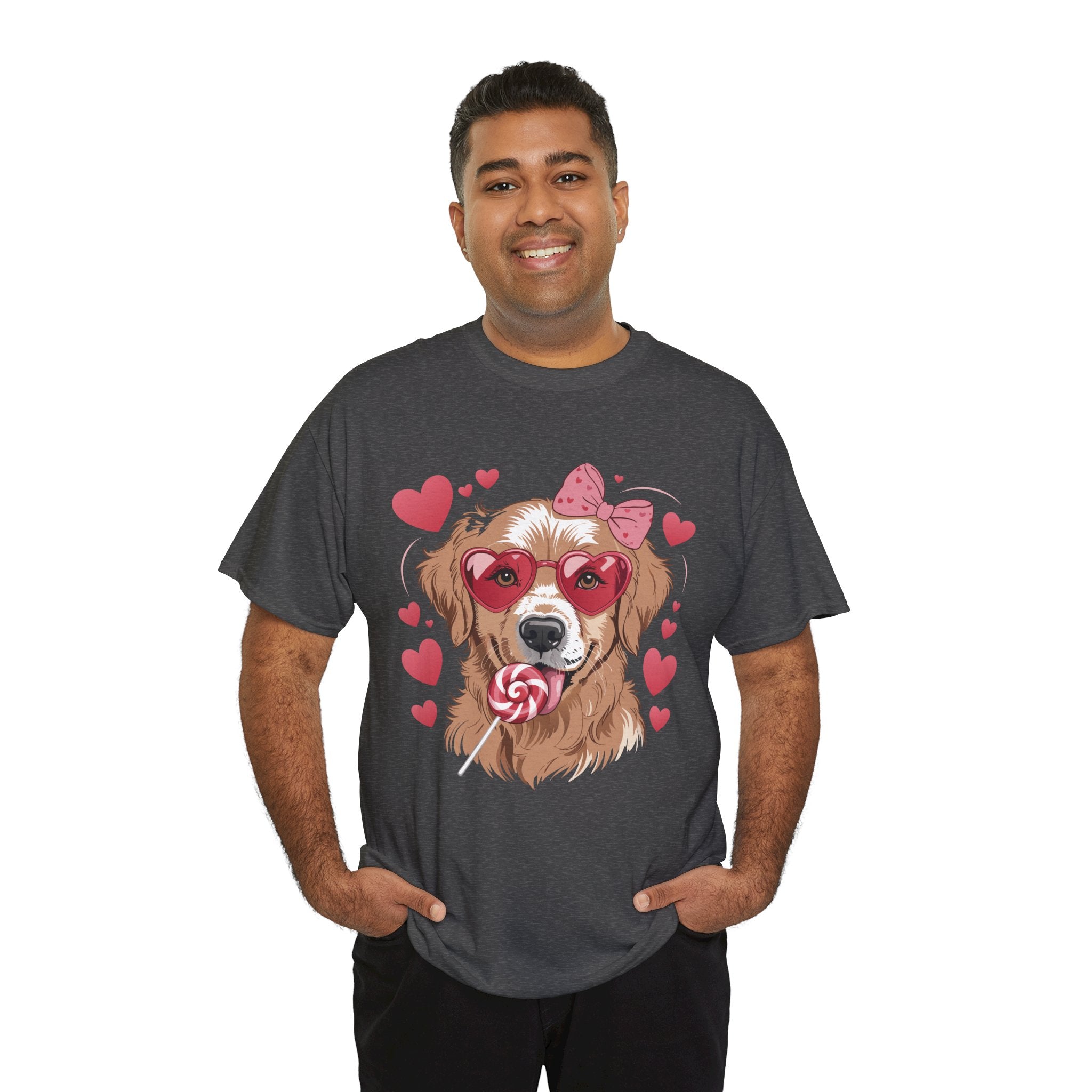 Valentine Dog T-Shirt — Cute Pup with Heart Glasses, Pink Bow & Lollipop..Unisex Cotton Tee
