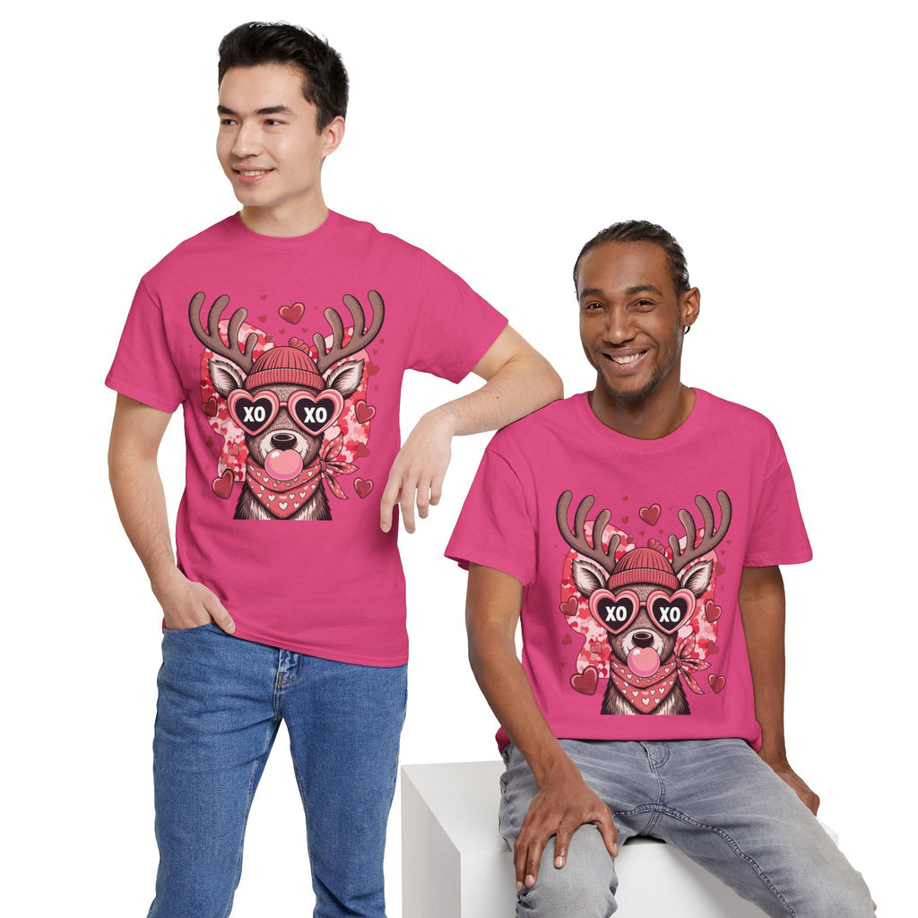 Valentine Deer Tee — Cute XO Heart Glasses, Beanie & Scarf Unisex Cotton Tshirt