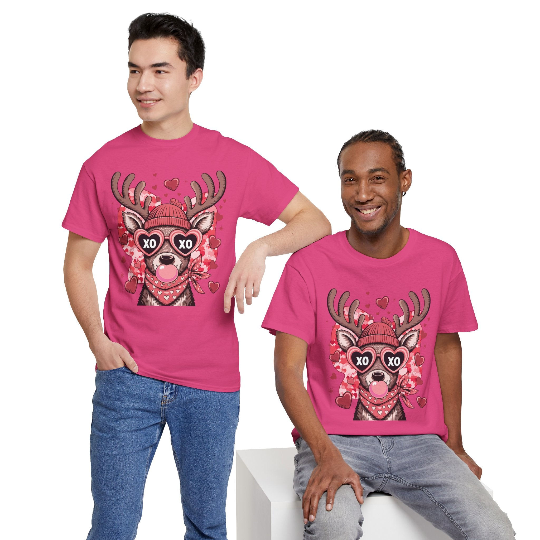 Valentine Deer Tee — Cute XO Heart Glasses, Beanie & Scarf Unisex Cotton Tshirt