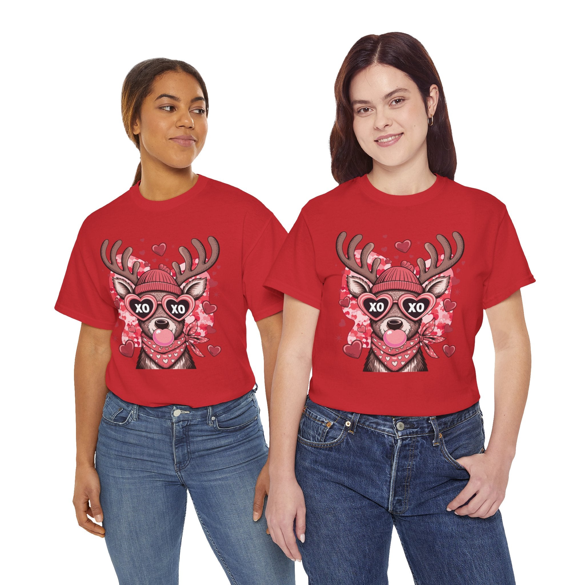 Valentine Deer Tee — Cute XO Heart Glasses, Beanie & Scarf Unisex Cotton Tshirt