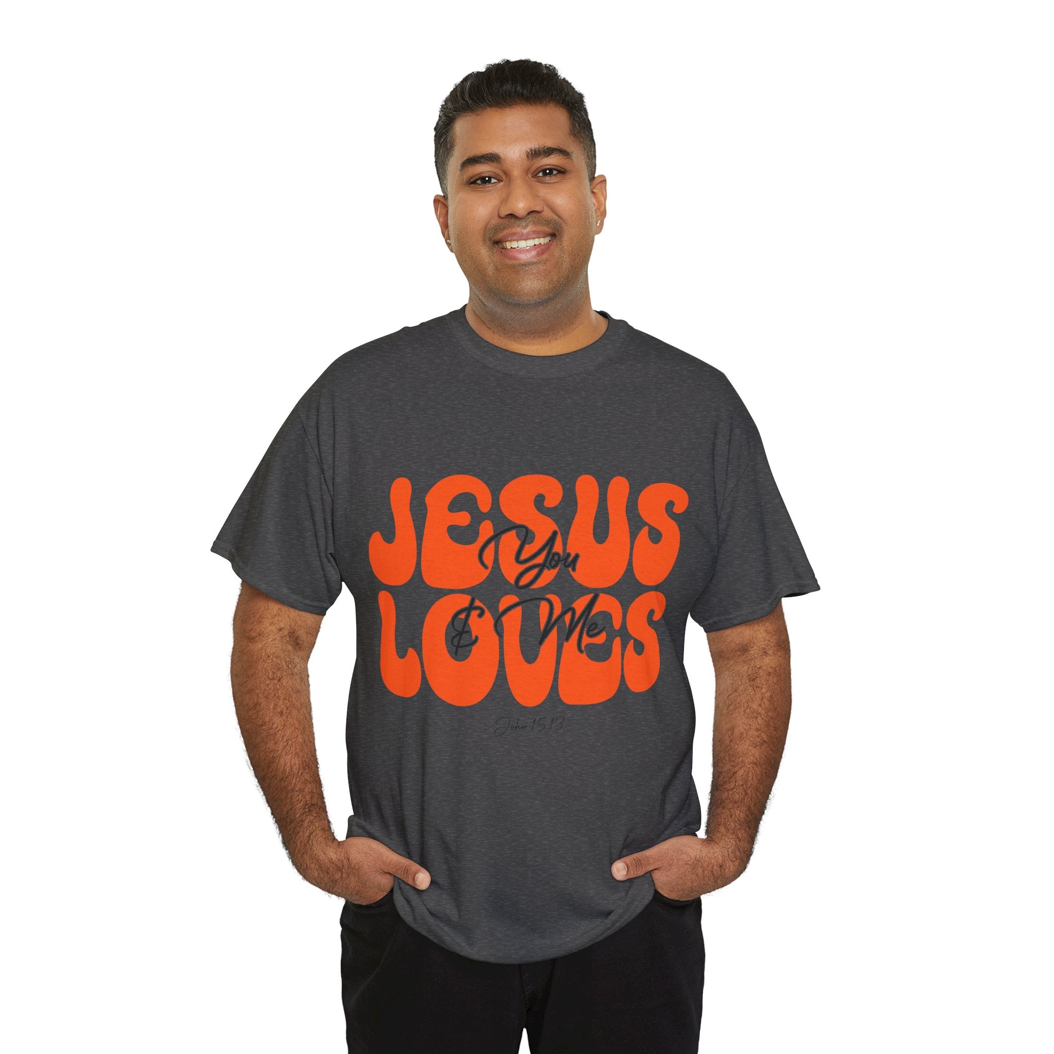 Jesus Loves You & Me Retro Tee — Playful Orange Bubbly Christian Unisex Cotton T-Shirt