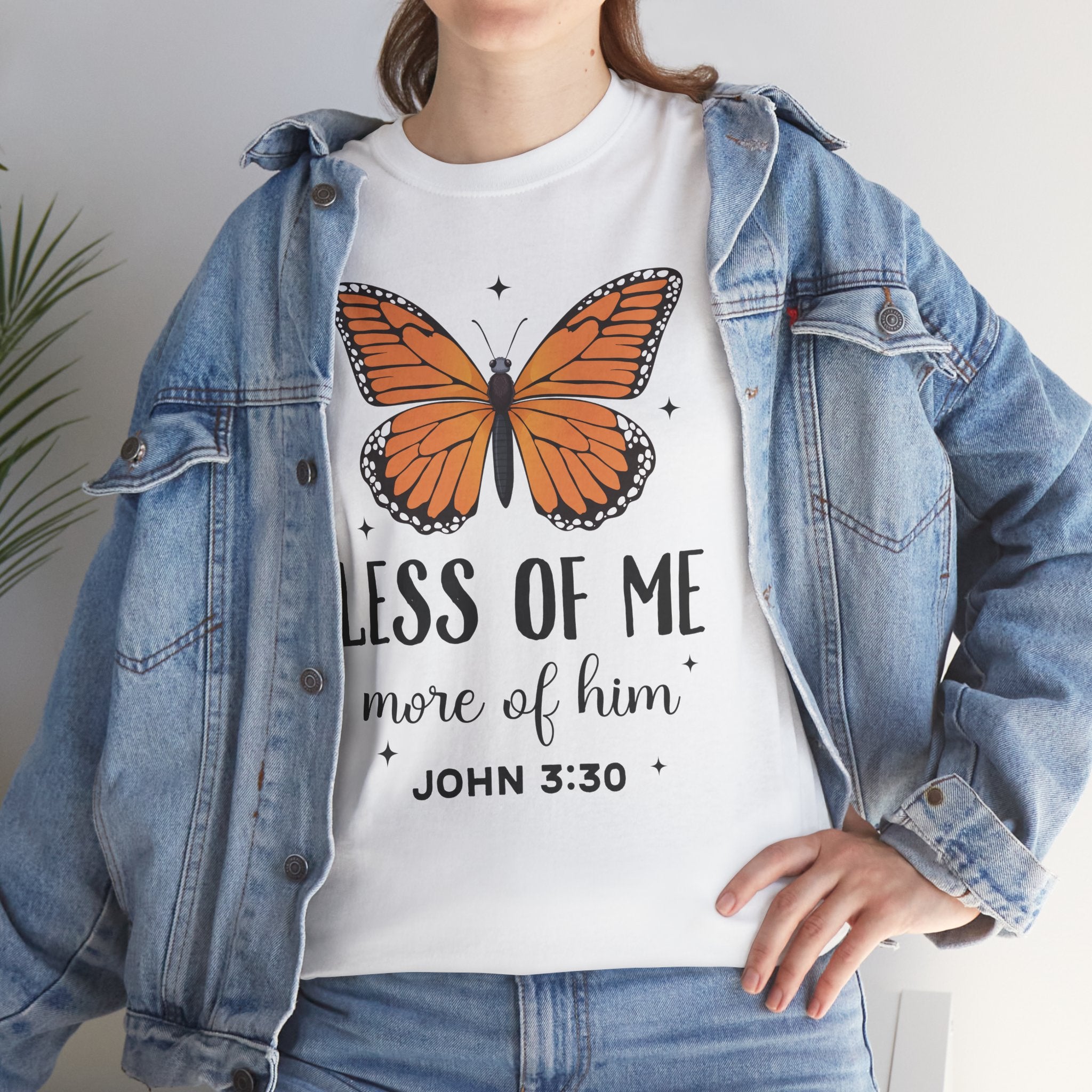 Monarch Butterfly Tee — "Less of Me, More of Him" Christian Unisex cotton T‑Shirt