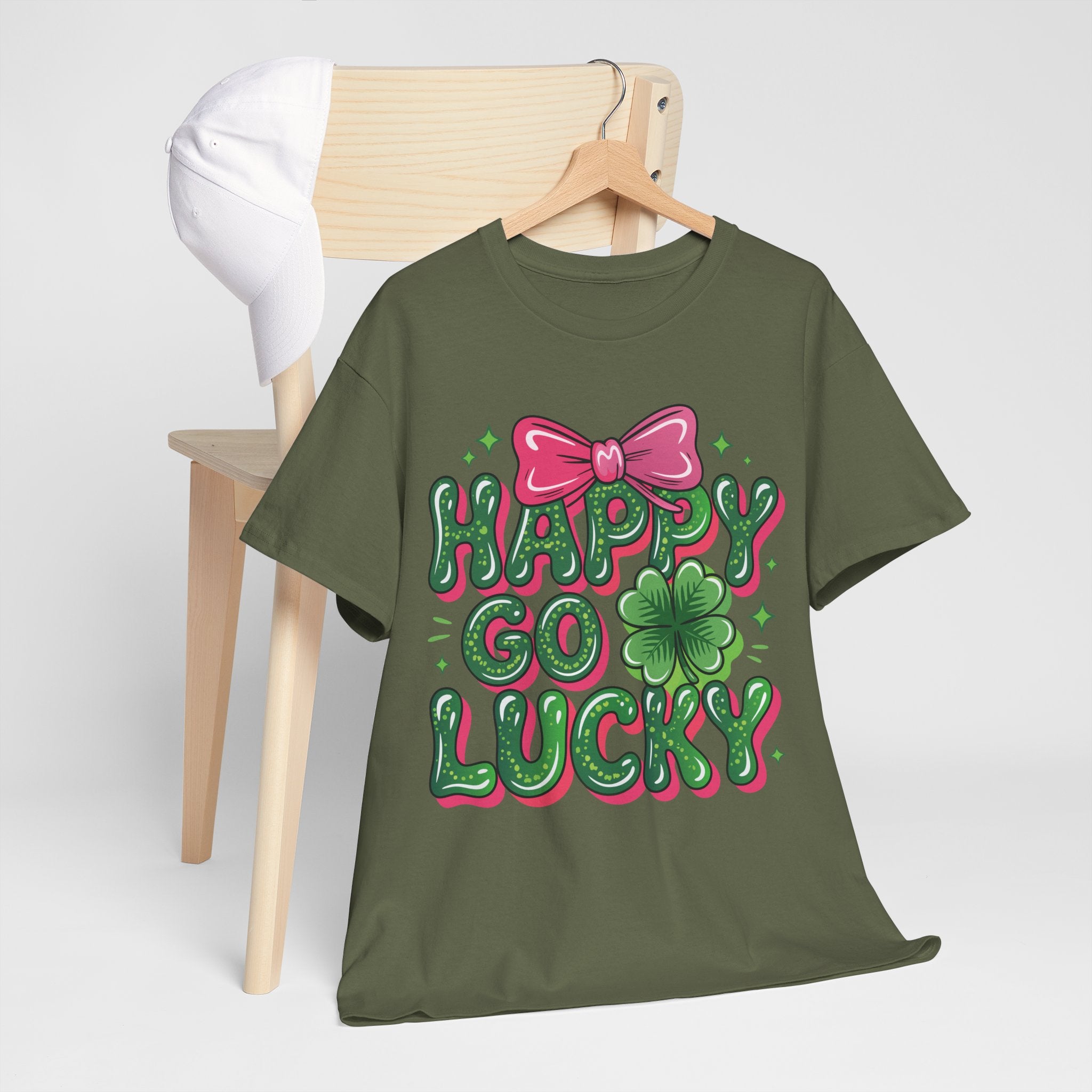 Happy Go Lucky Four-Leaf Clover Tee — Glossy Green Letters & Pink Bow Unisex Cotton Tee