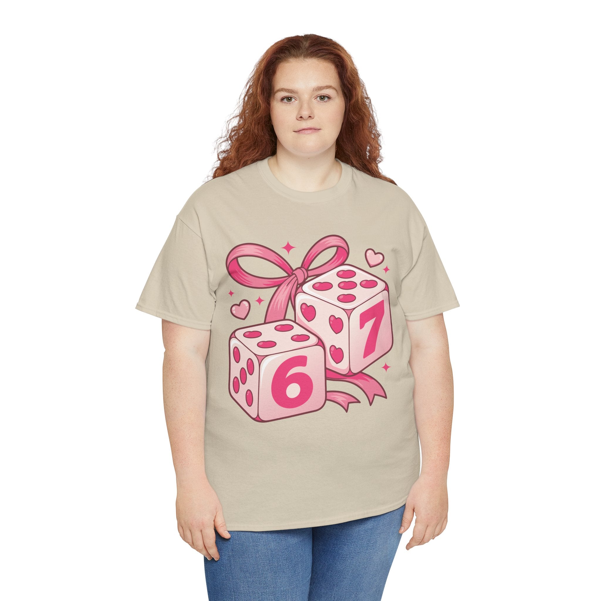 Lucky Love Dice T-Shirt — Pink Heart Dice with Bow..Unisex Cotton Tee