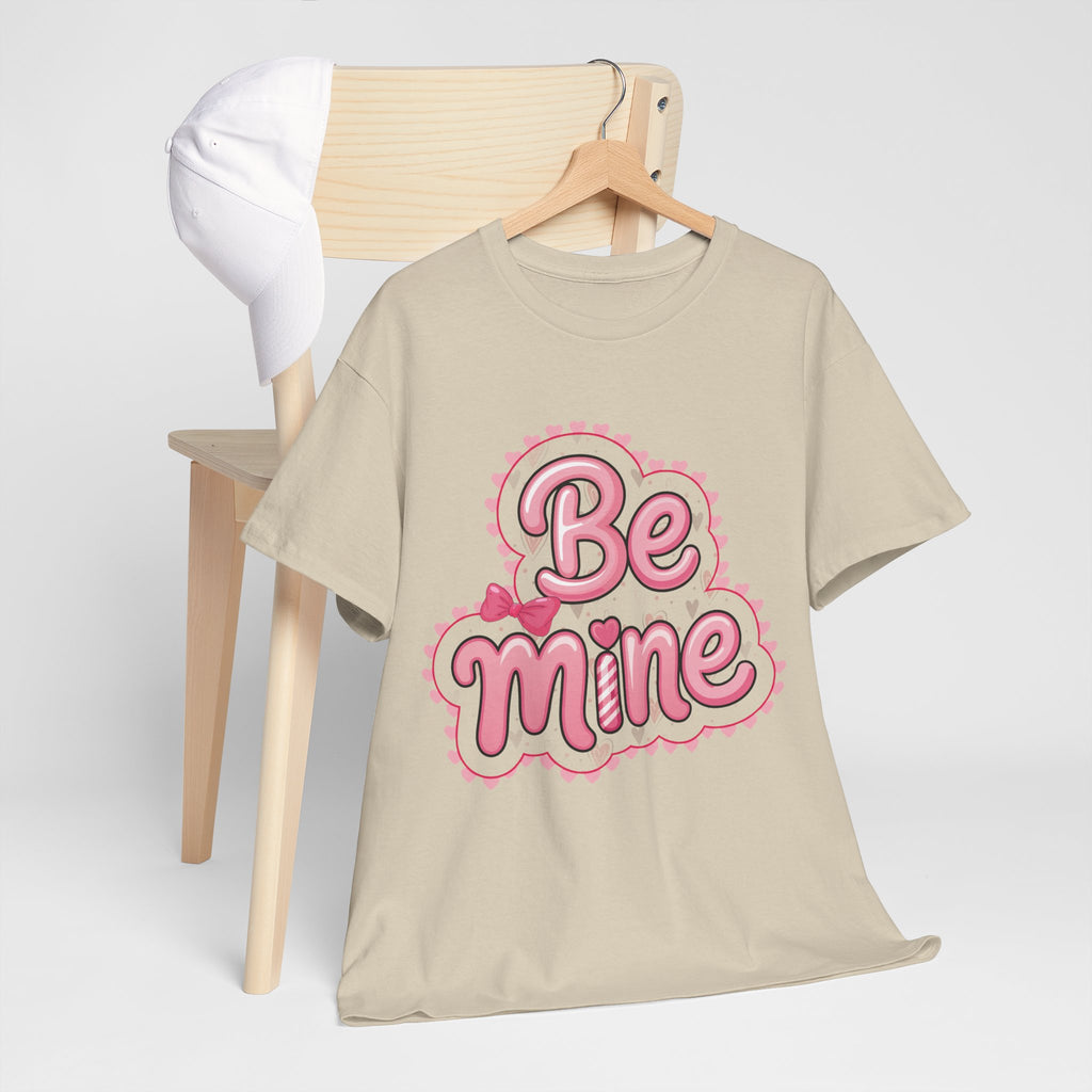 Be Mine Valentine T-Shirt — Pink Bubble Letters with Hearts & Bow..Unisex Cotton Tee