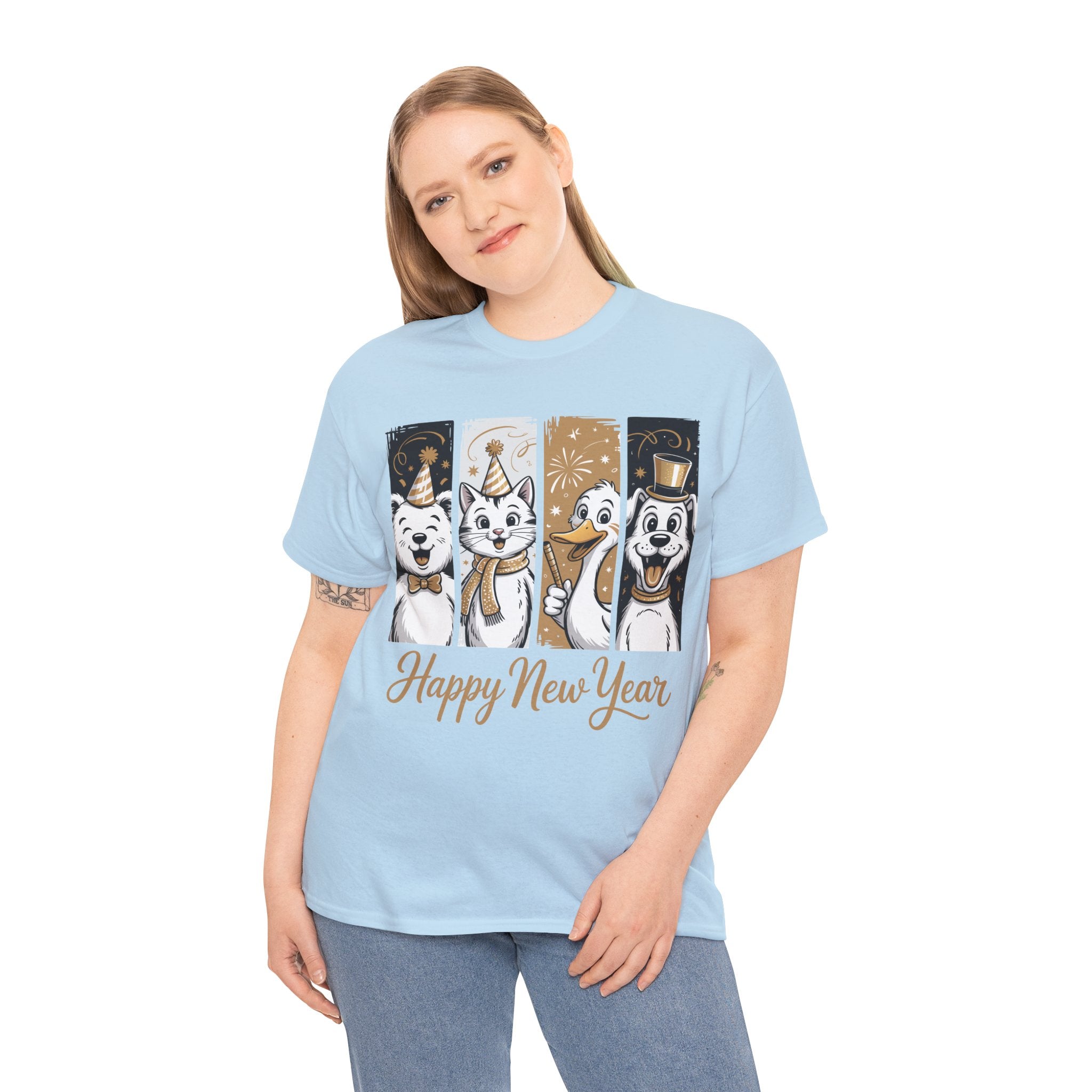 Happy New Year Party Animals T-Shirt — Cute Smiling Animals in Party Hats & Gold Fireworks..Unisex Cotton Tee