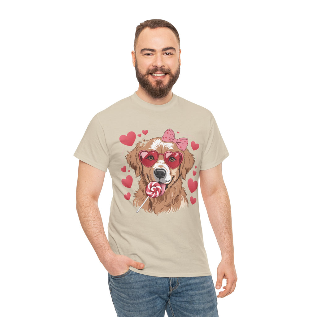 Valentine Dog T-Shirt — Cute Pup with Heart Glasses, Pink Bow & Lollipop..Unisex Cotton Tee