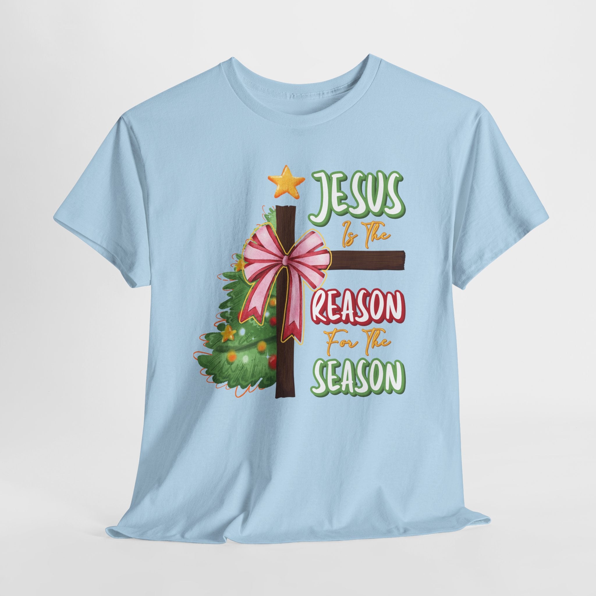 Jesus Is the Reason for the Season Christmas Tee — Cross with Pink Bow & Tree. Unisex Cotton Tee