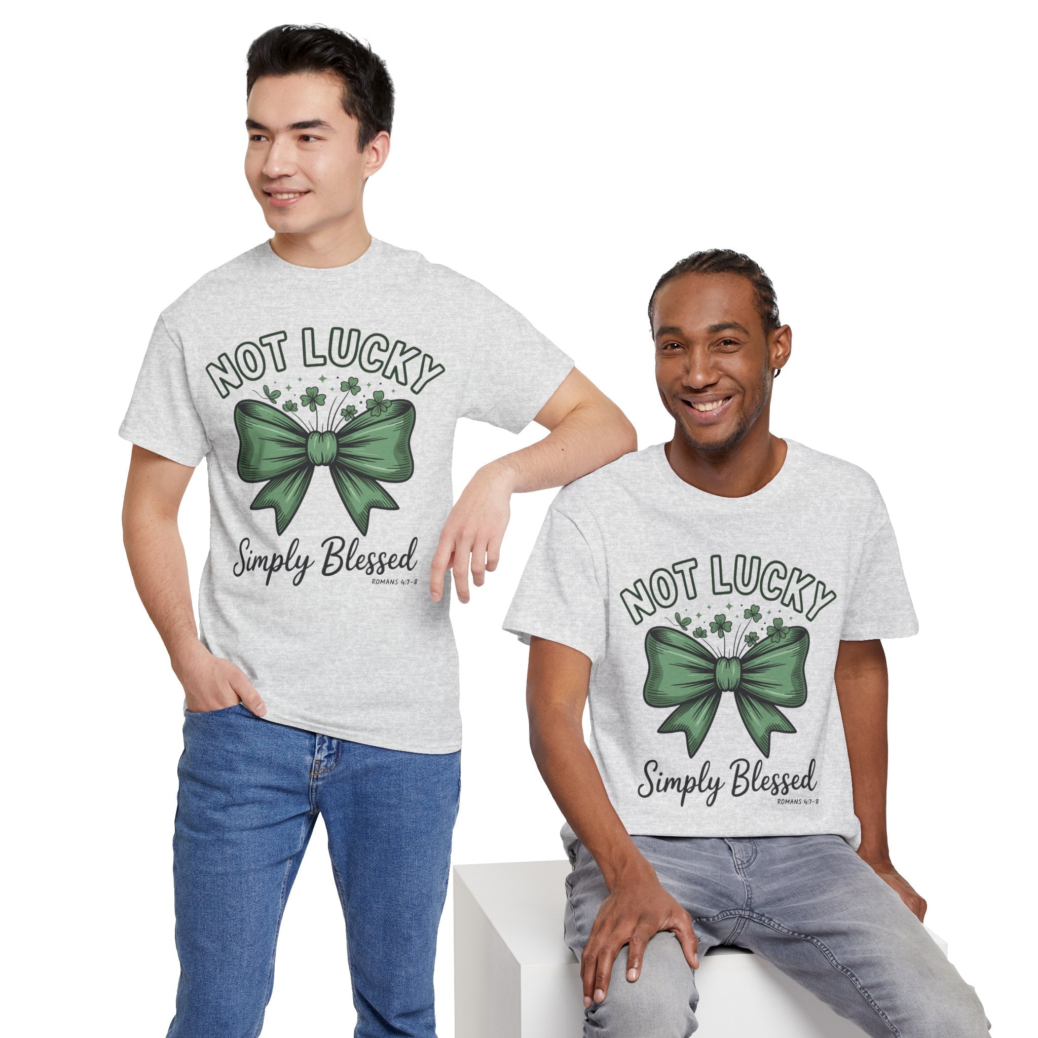 Not Lucky, Simply Blessed T-Shirt — Green Bow & Clovers St. Patrick’s Unisex Cotton Tee