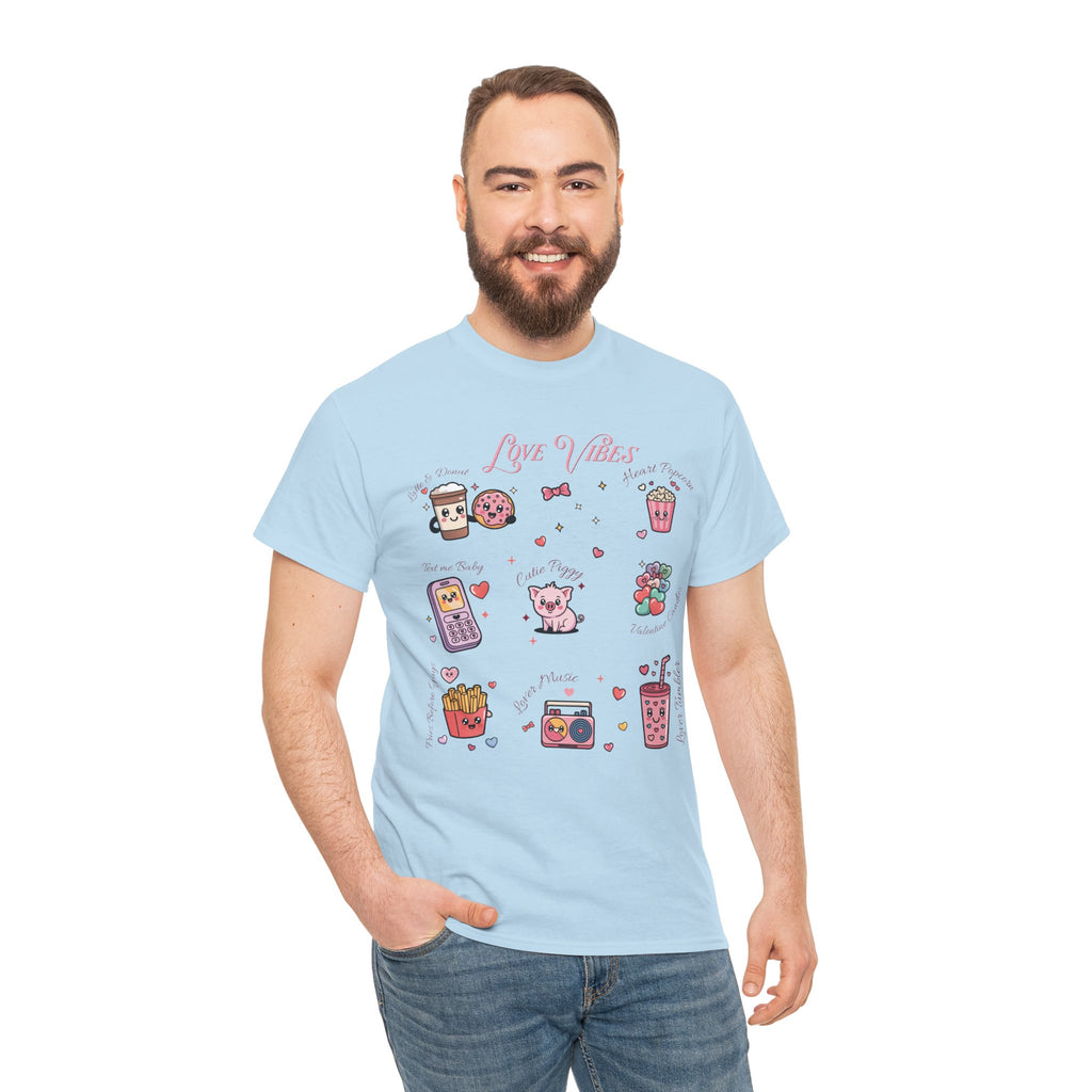 Love Vibes Kawaii Valentine T-Shirt — Cute Donut, Coffee & Piglet Design Unisex Cotton Tee
