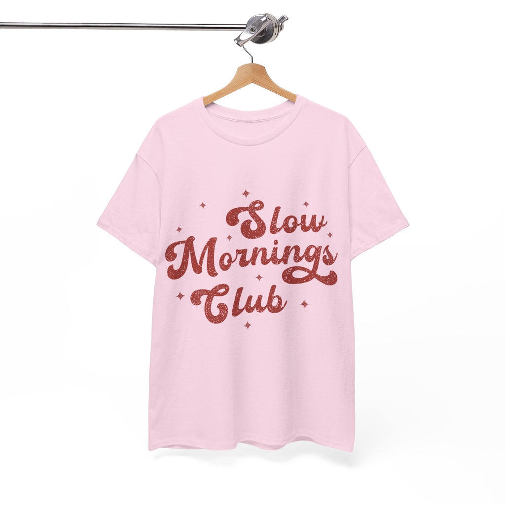 Slow Mornings Club T-Shirt — Retro Red Sparkle Unisex Cotton Tee
