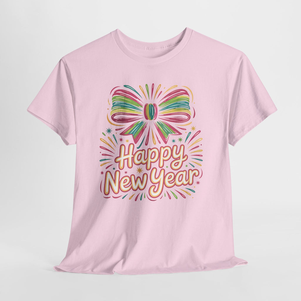 Happy New Year Pastel Tee — Rainbow Bow & Fireworks Celebration Unisex Cotton Tshirt