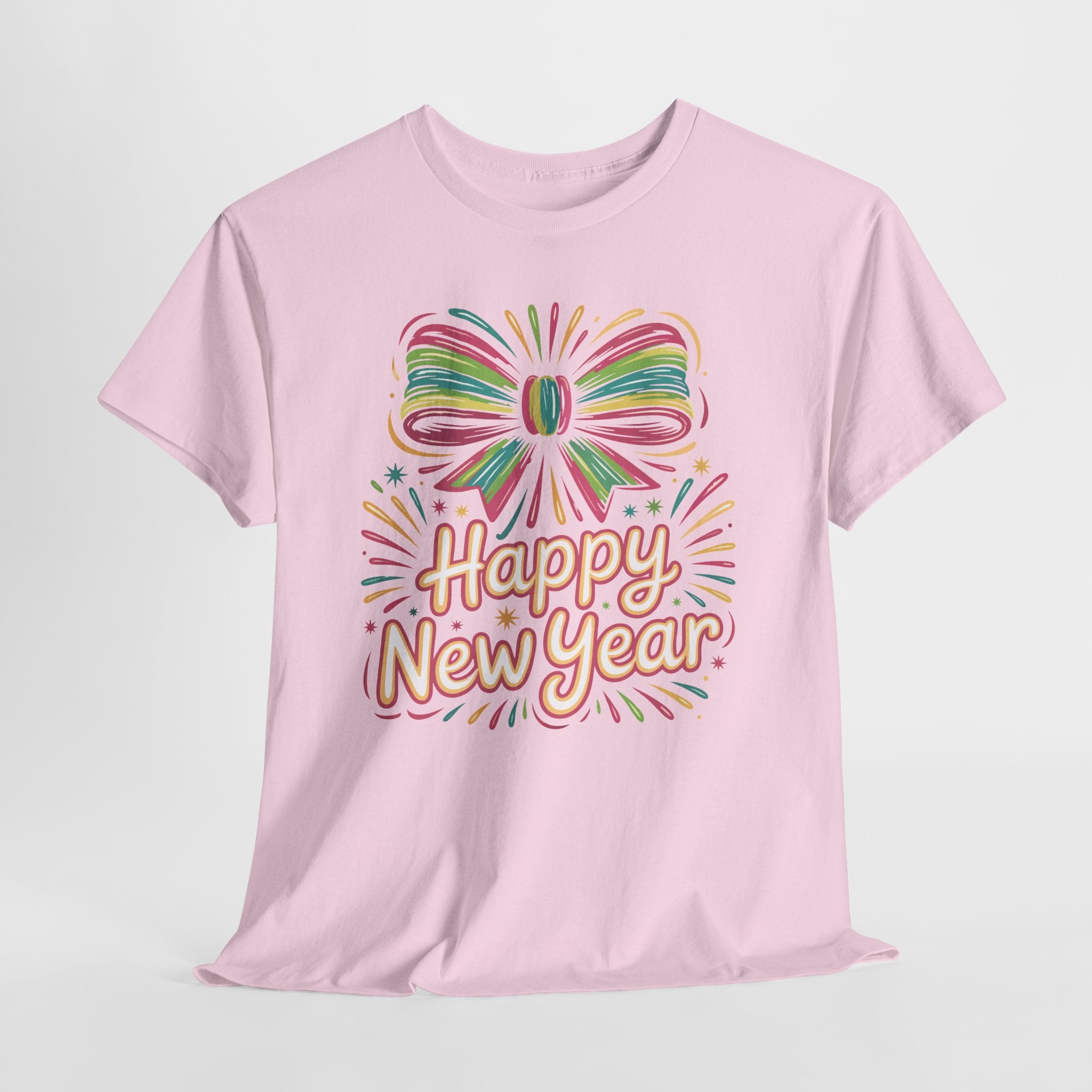 Happy New Year Pastel Tee — Rainbow Bow & Fireworks Celebration Unisex Cotton Tshirt