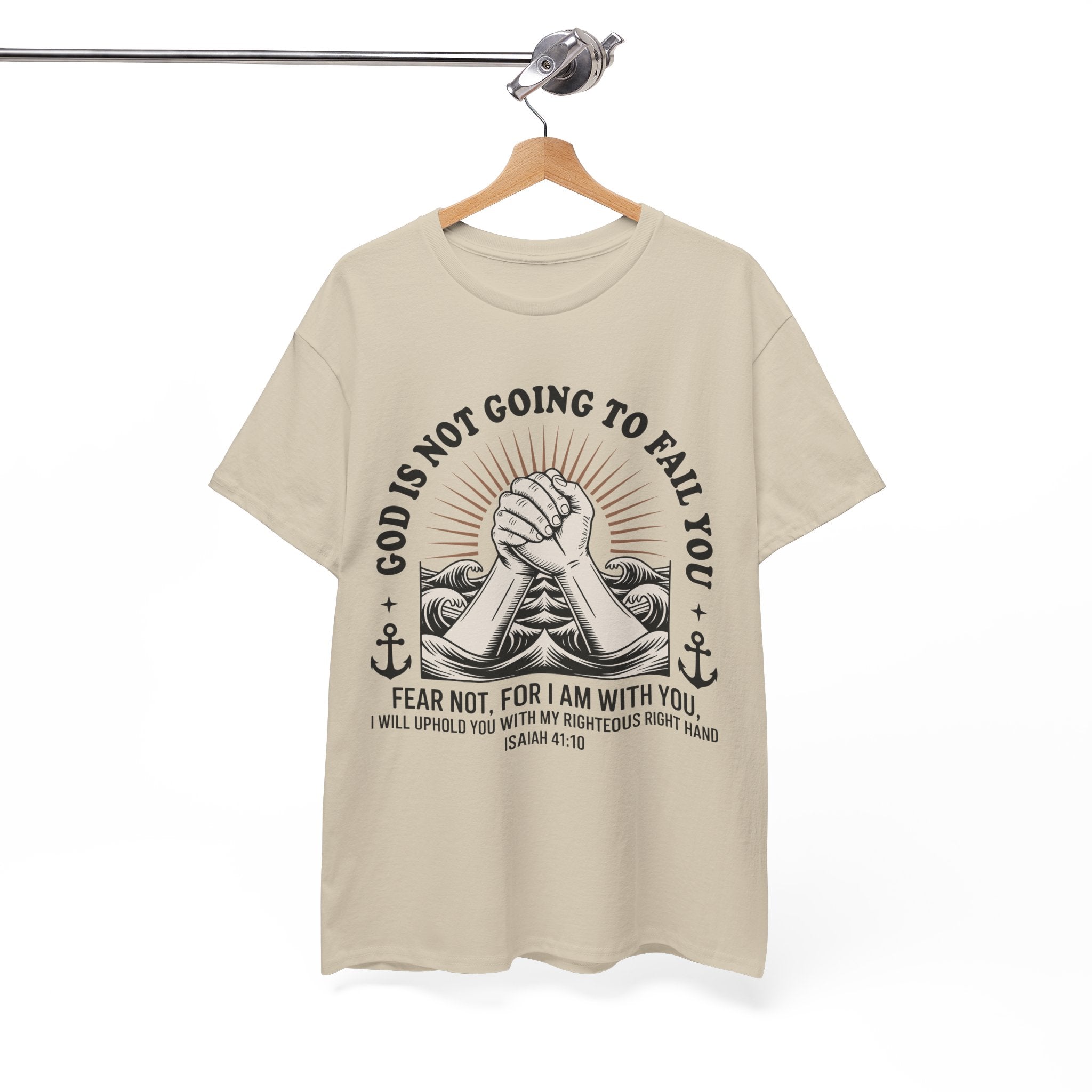 Isaiah 41:10 "Fear Not, For I Am With You" T-Shirt — Clasped Hands Rising from Waves Christian Unisex Cotton Tee