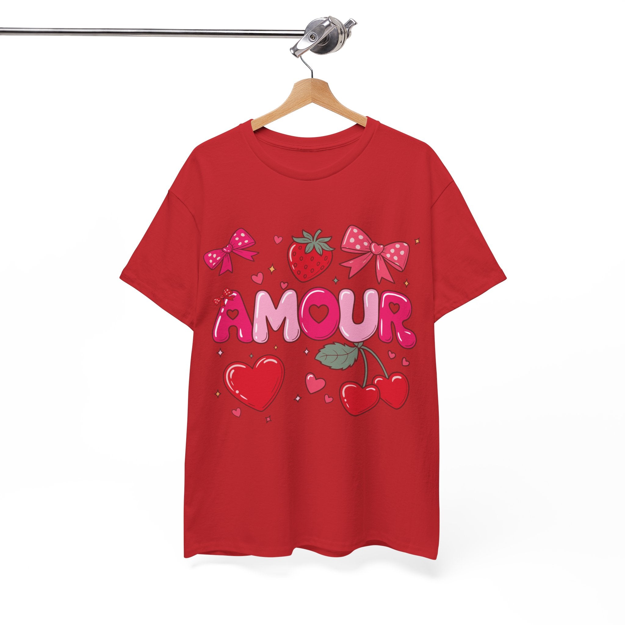 Amour Pink Hearts Tee — Shiny Lettering with Bows, Cherries & Strawberry Accent...Unisex Cotton Tee