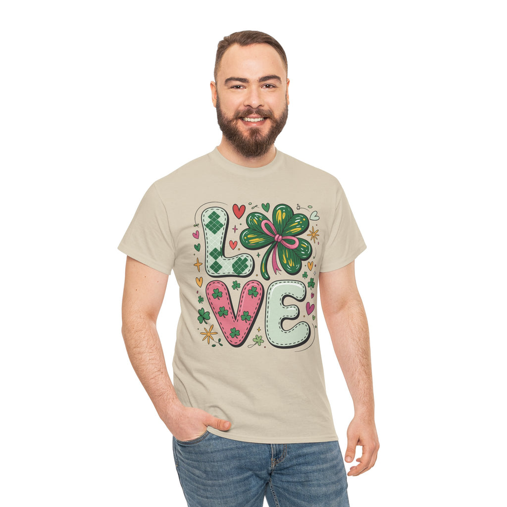 Stitched Clover 'LOVE' Tee — Heart & Patchwork St. Patrick's Unisex Cotton T-Shirt