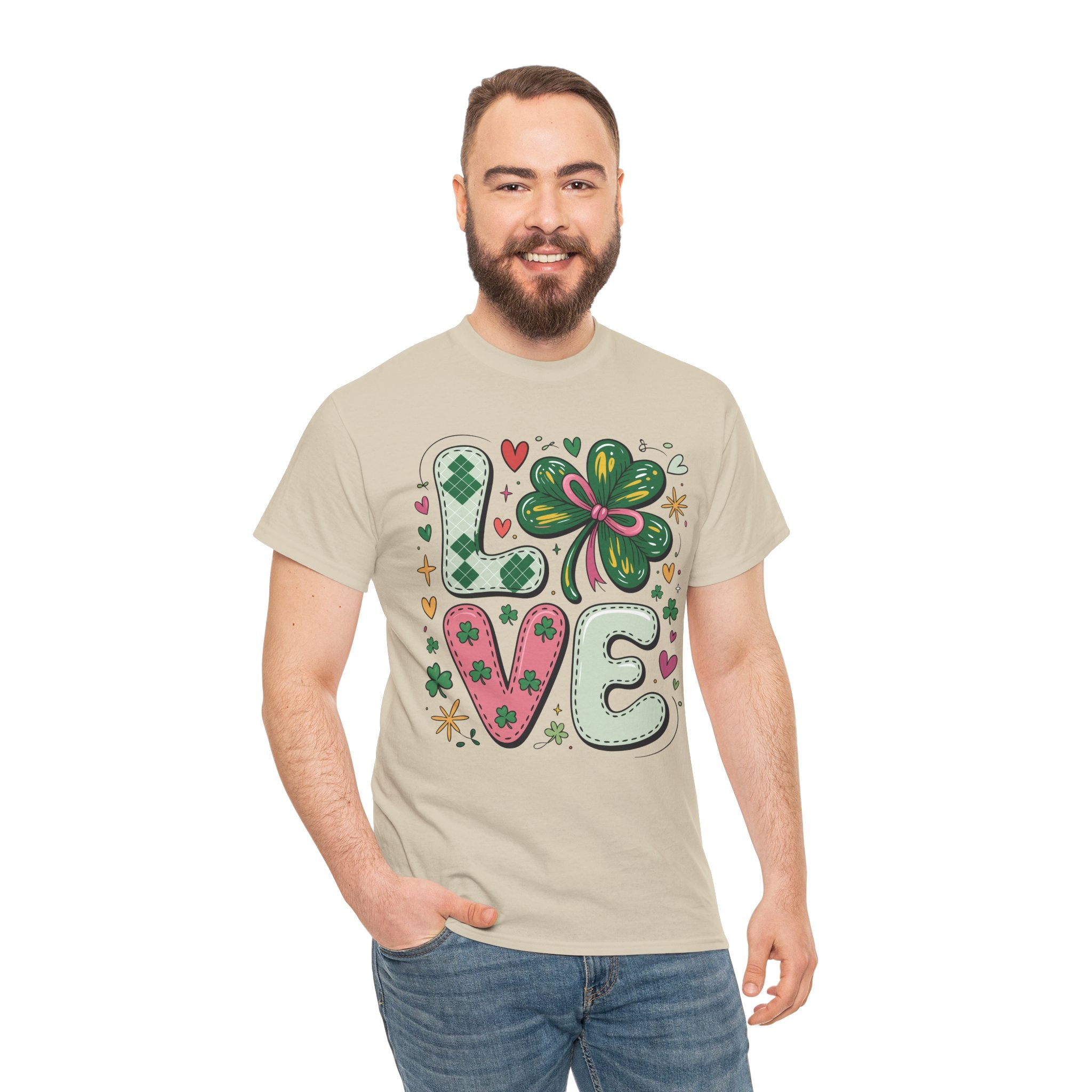Stitched Clover 'LOVE' Tee — Heart & Patchwork St. Patrick's Unisex Cotton T-Shirt