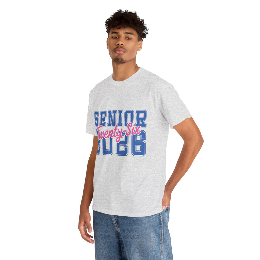 Senior 2026 Tee — Pink Varsity Block with Blue Script Overlay Unisex Cotton Tee