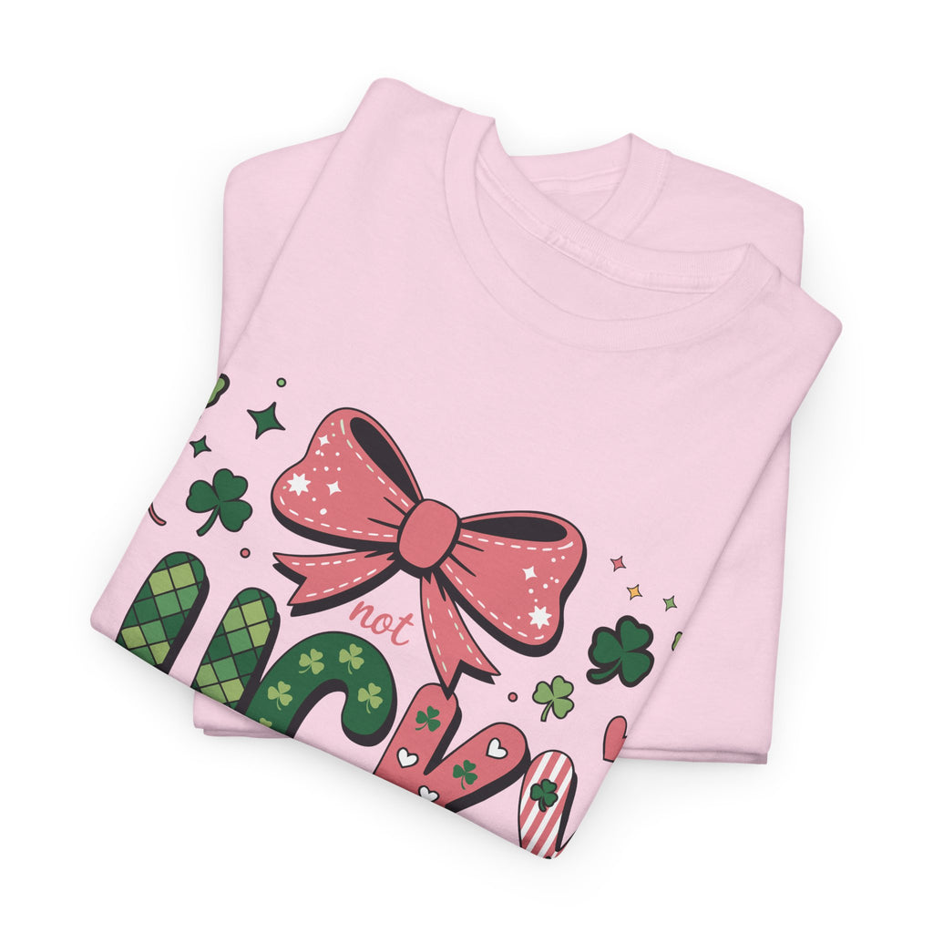 Simply Blessed Tee — “Not Lucky, Simply Blessed” with Pastel Bow, Clovers & Romans 4:7-8 Unisex Cotton Tee