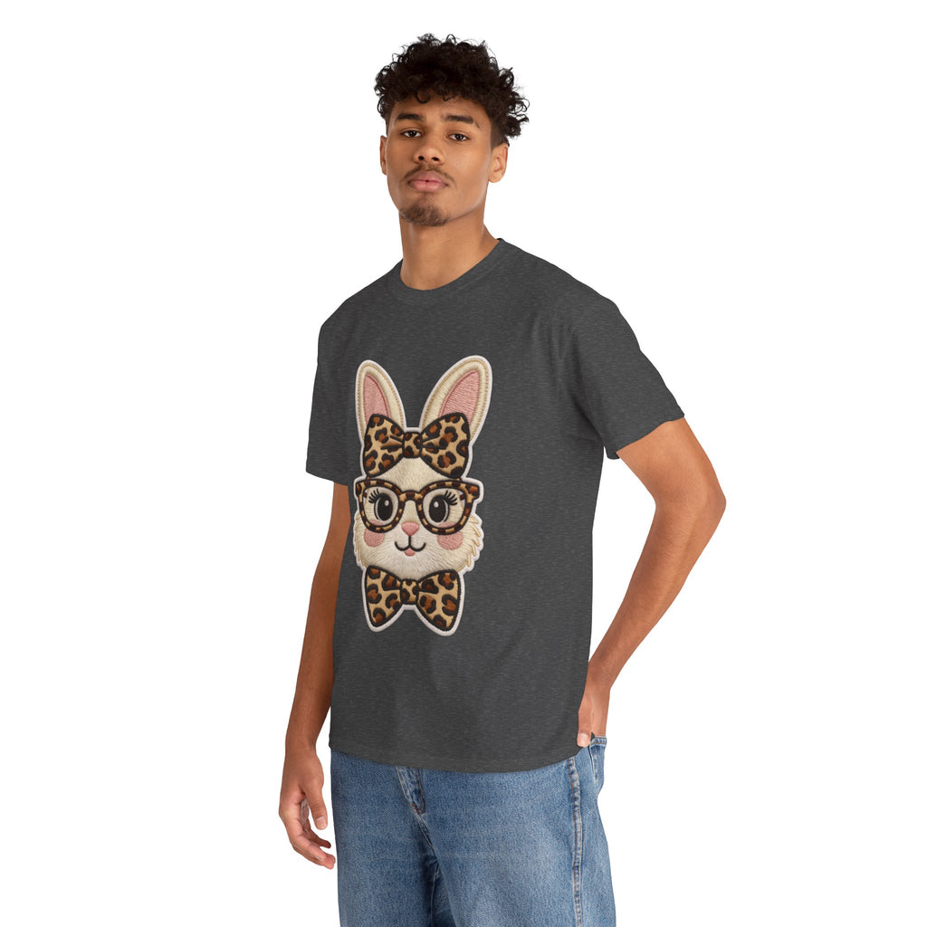 Leopard Bow Bunny Embroidered Tee — Cute Bunny Face with Glasses Patch Unisex Cotton Tee
