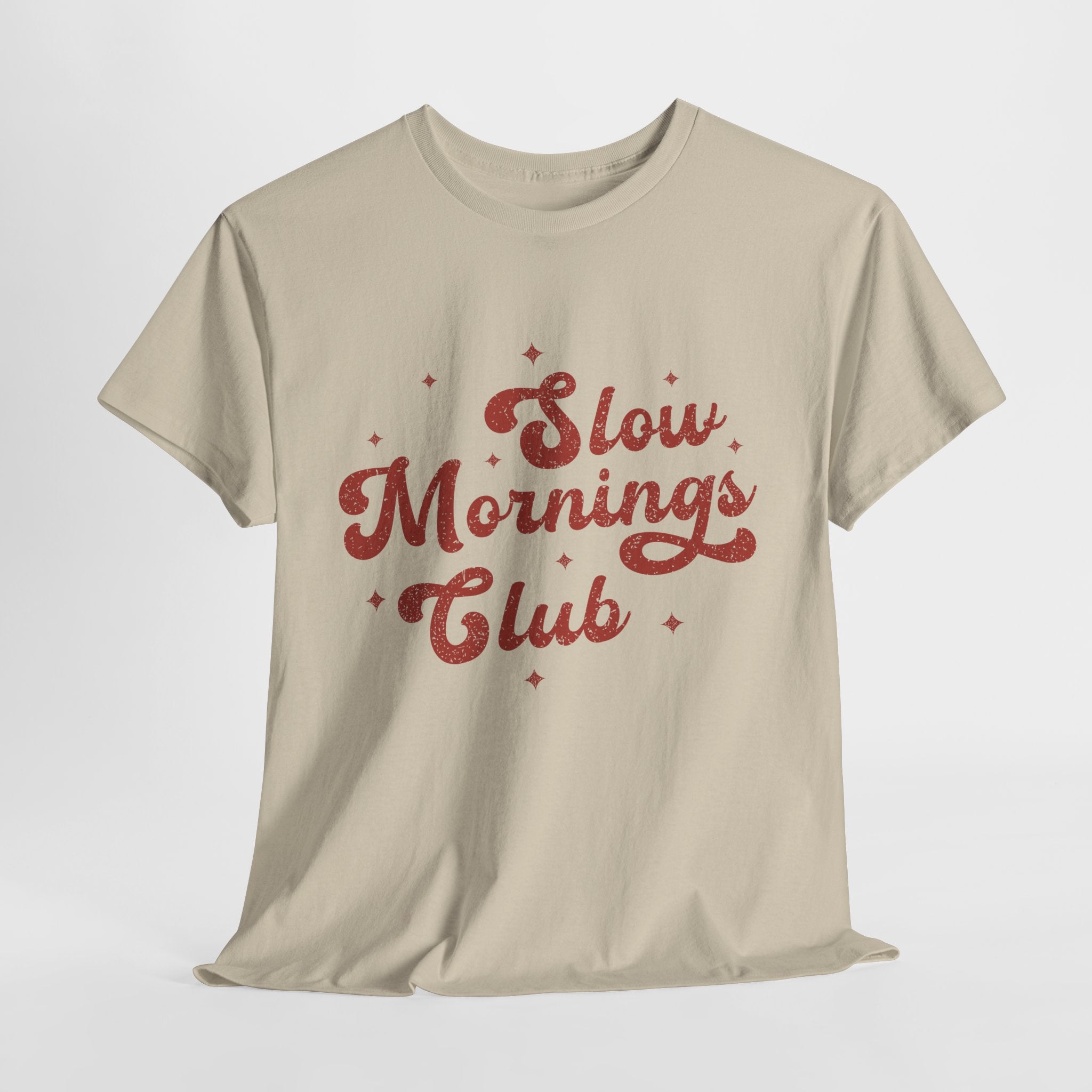 Slow Mornings Club T-Shirt — Retro Red Sparkle Unisex Cotton Tee