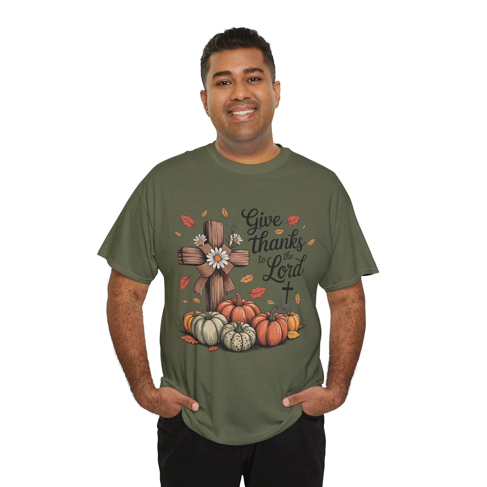 Give Thanks to the Lord Autumn Tee — Wooden Cross, Pumpkins & Daisies..Unisex Cotton Tee