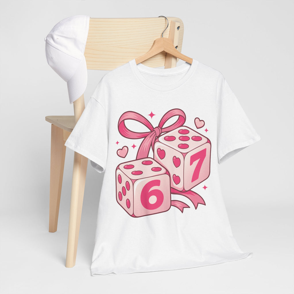 Lucky Love Dice T-Shirt — Pink Heart Dice with Bow..Unisex Cotton Tee