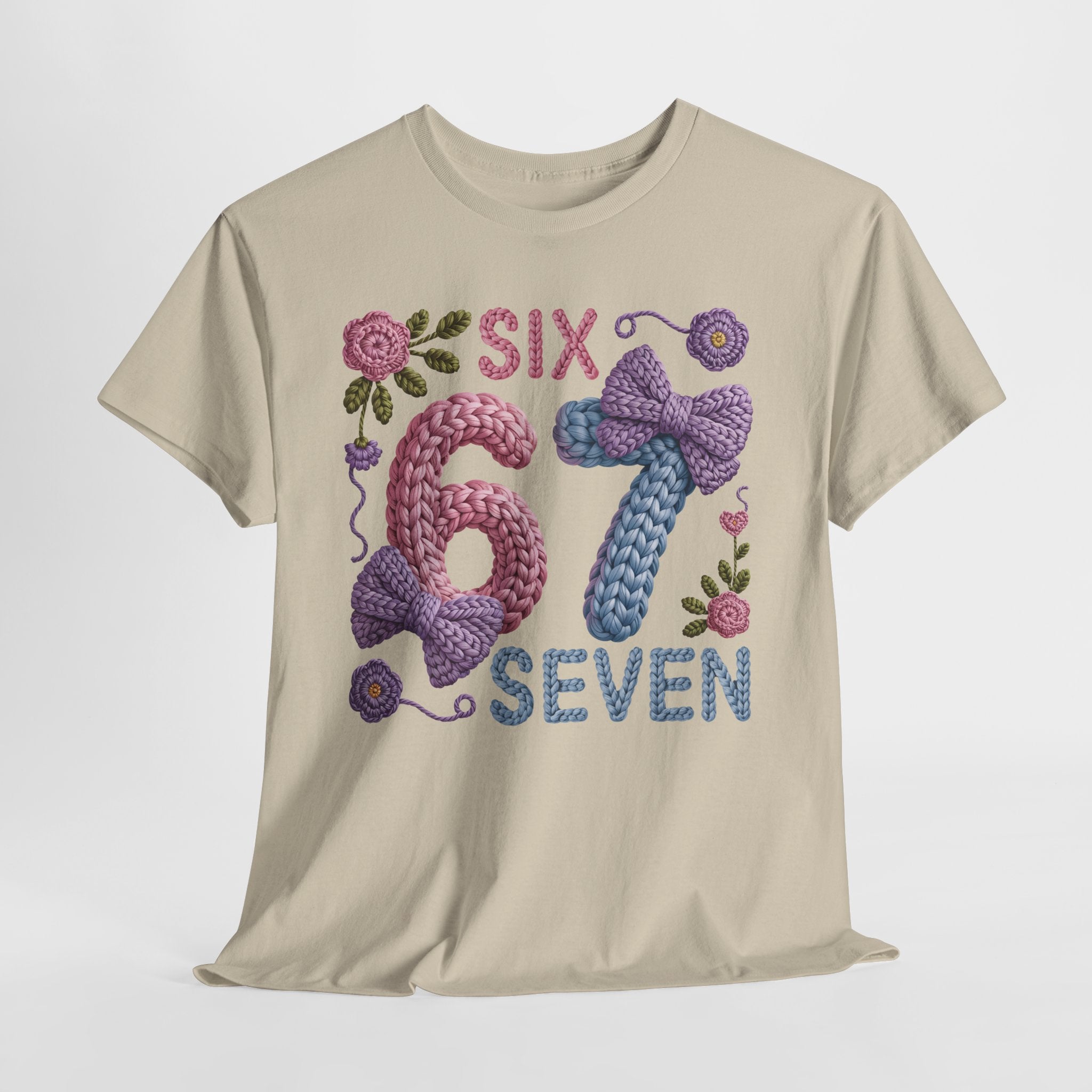 Pastel Crochet Numbers 6 & 7 Tee — Faux-Yarn Bows & Flowers. Unisex Cotton Tee