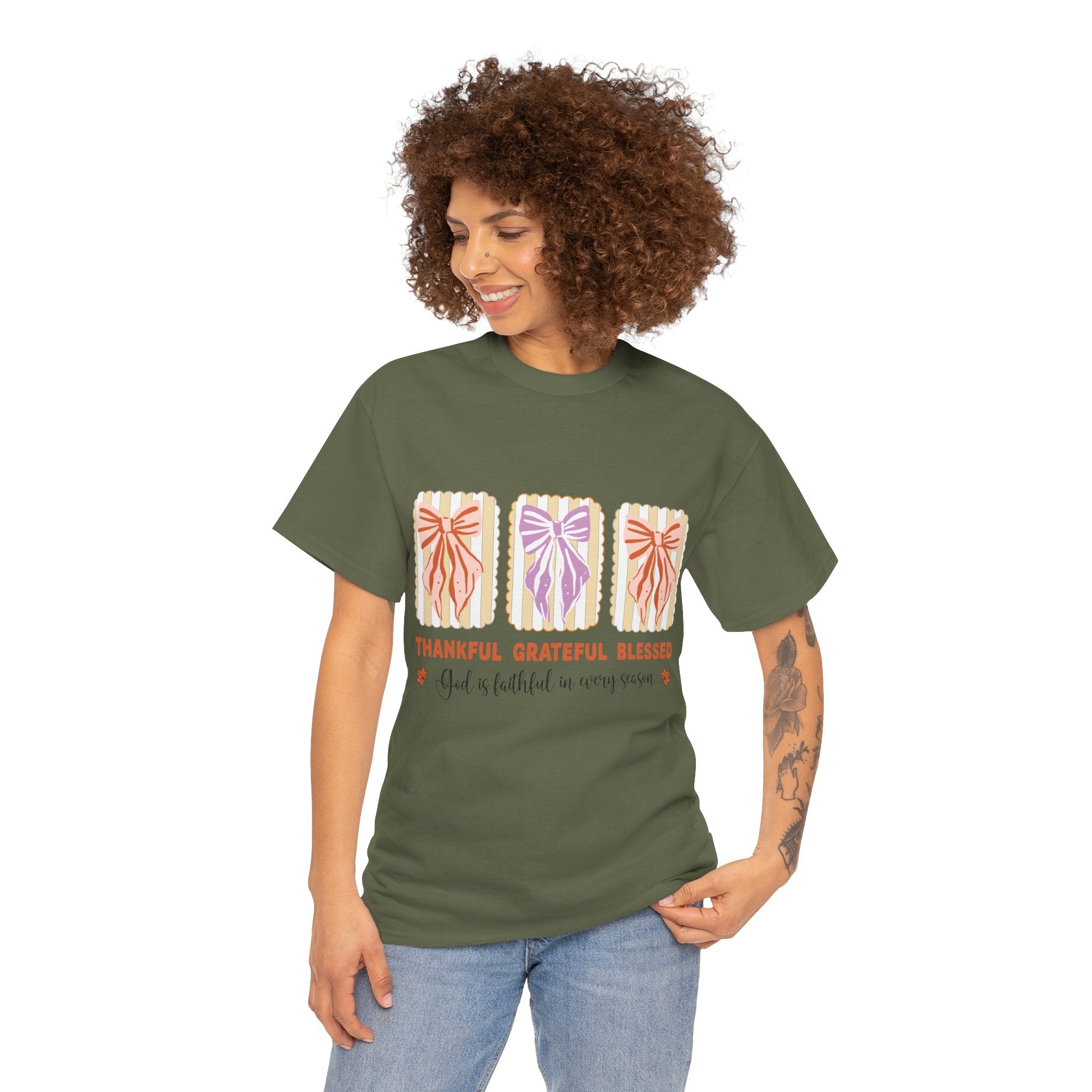 Thankful Grateful Blessed Fall Tee — God Is Faithful Pastel Bows..Unisex Cotton Tee