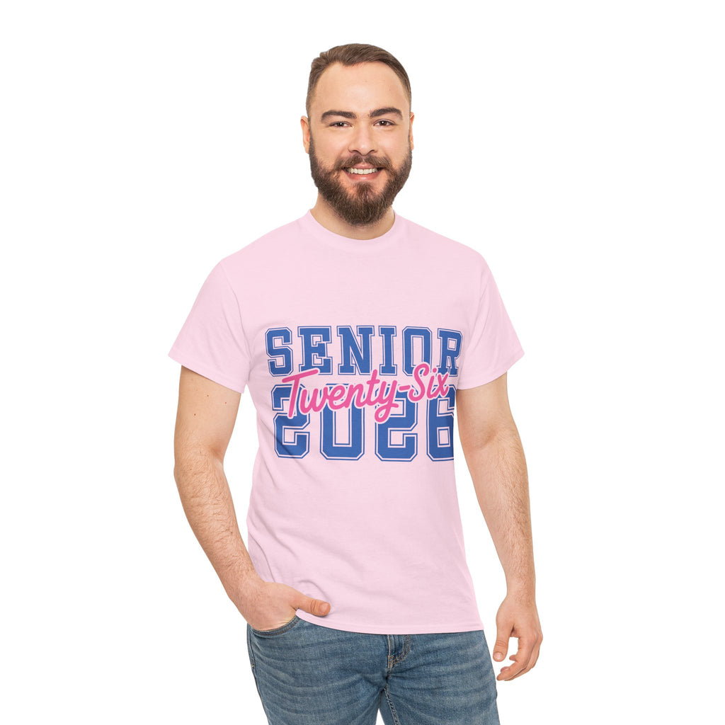 Senior 2026 Tee — Pink Varsity Block with Blue Script Overlay Unisex Cotton Tee