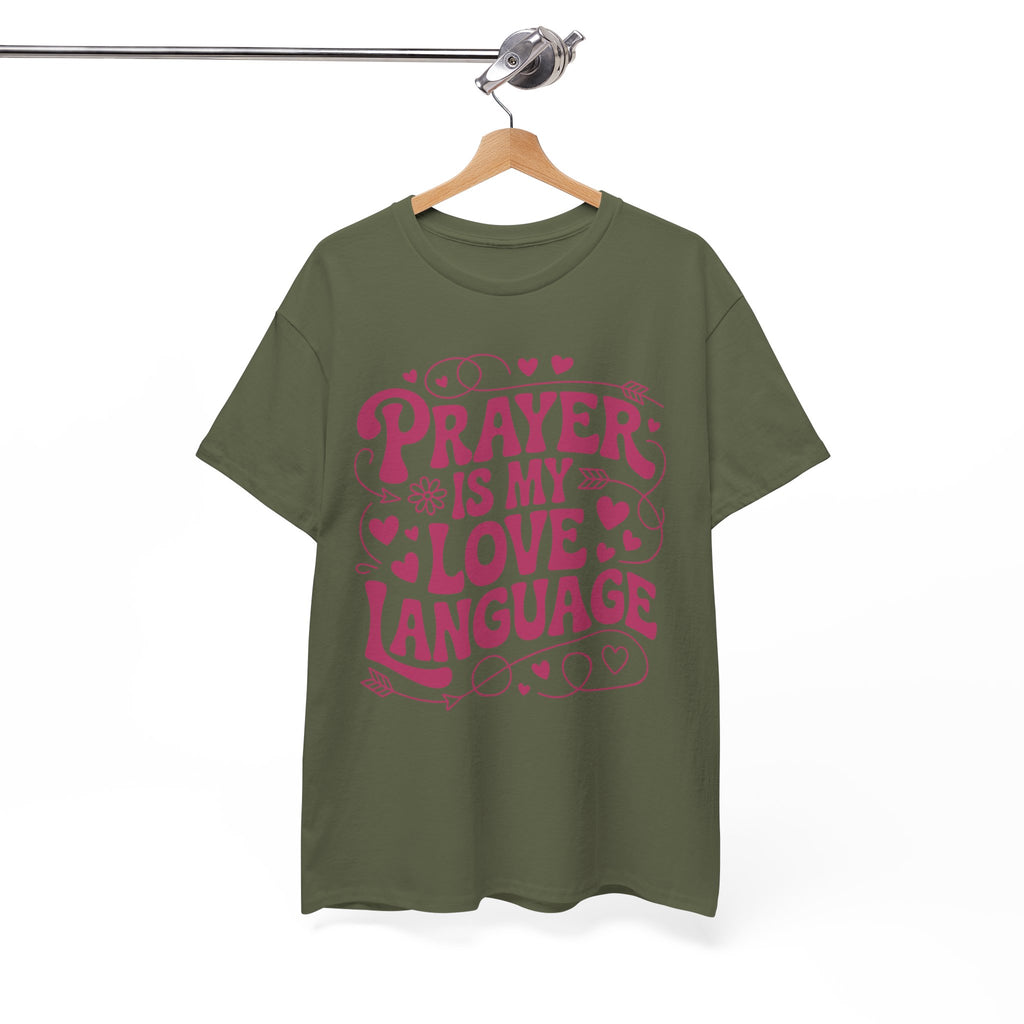 Prayer Is My Love Language Christian Tee — Pastel Pink Hearts Unisex Cotton Tee